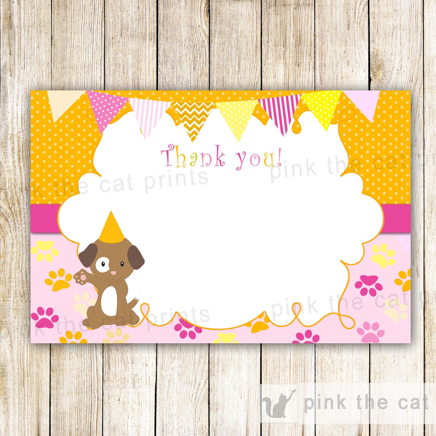 Puppy Thank You Card Kids Birthday Party Items Blank Note Doggie Printable File Orange Pink Girl Boy INSTANT DOWNLOAD