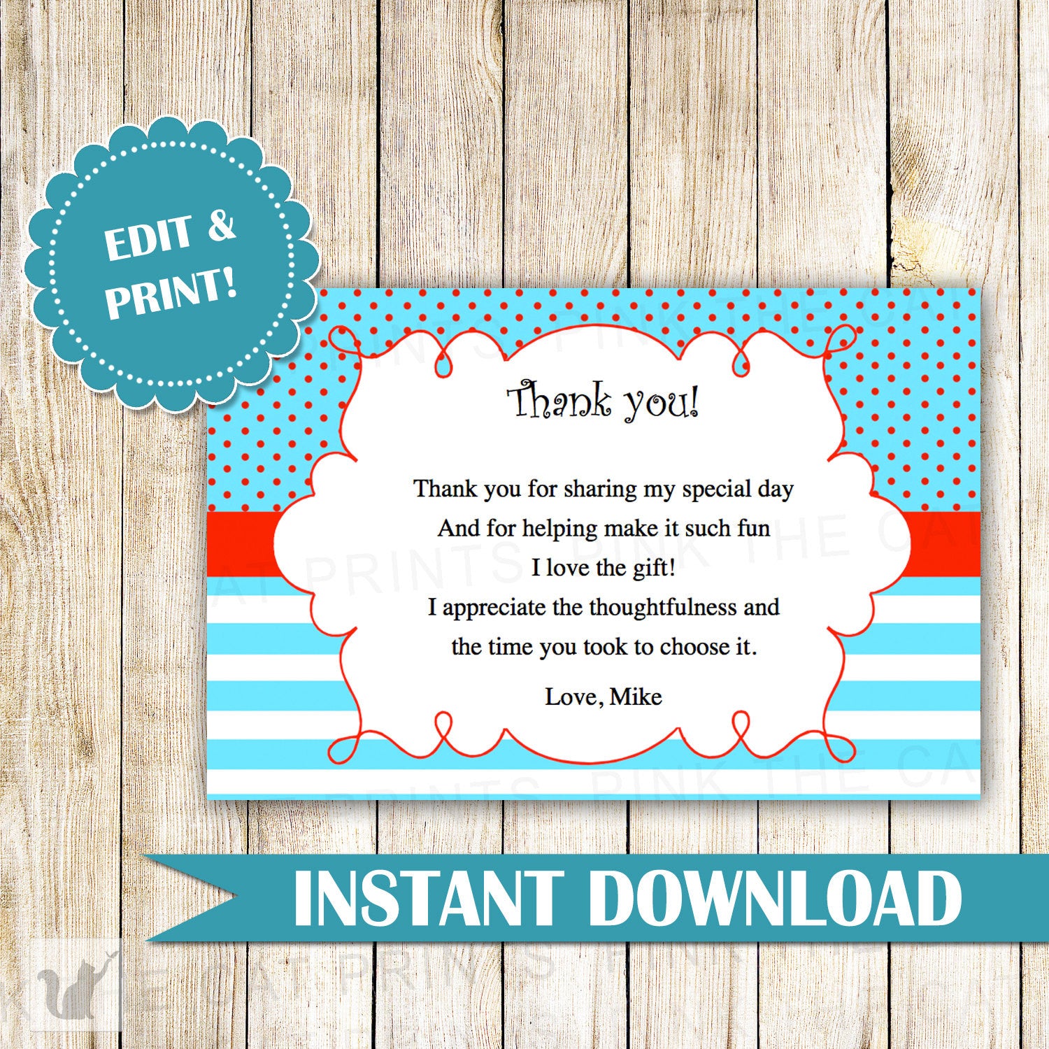 Turquoise Blue Red Thank You Card Note Birthday Baby Shower Printable