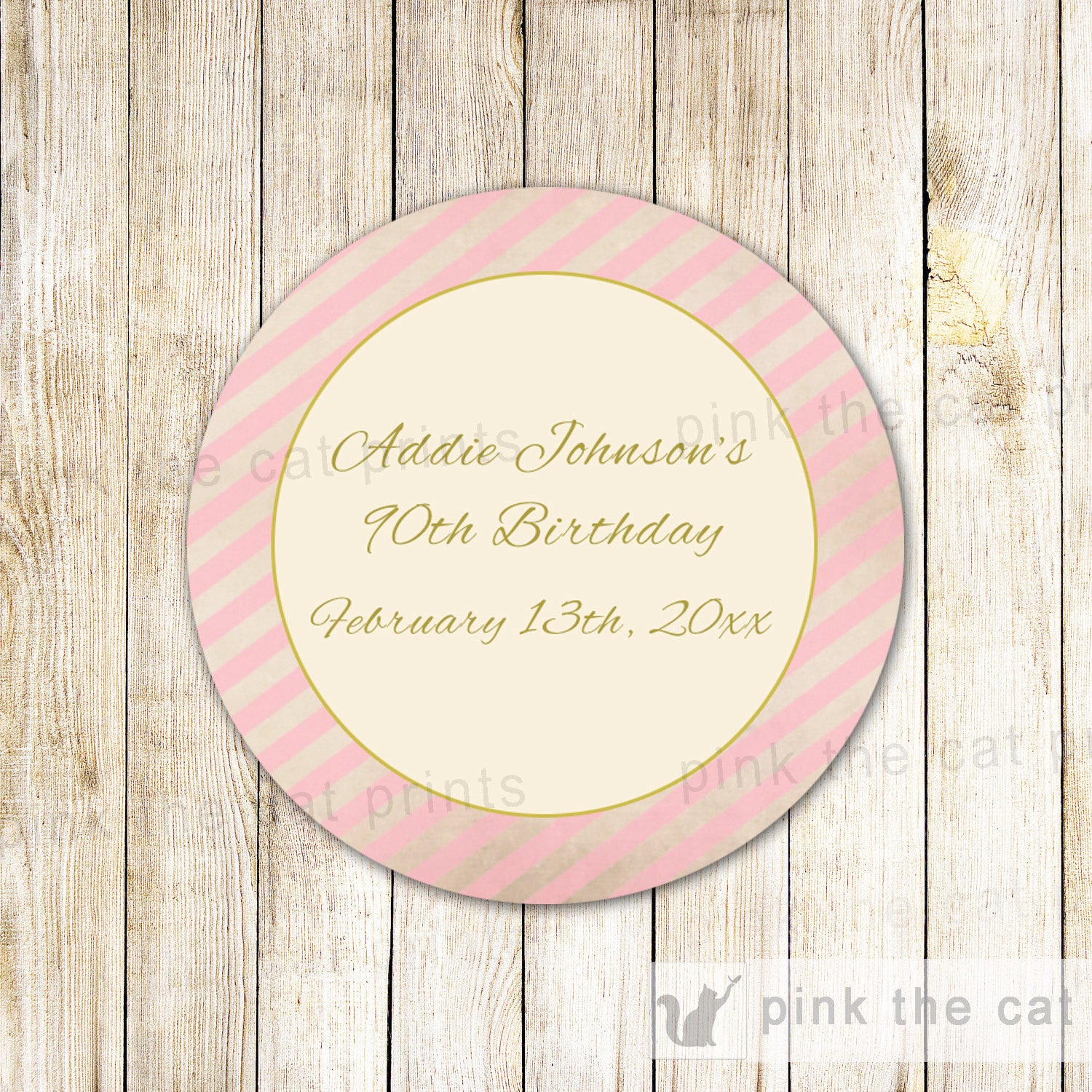 Pink Gold Stripes Adult Birthday Baby Bridal Shower Label Sticker Tag