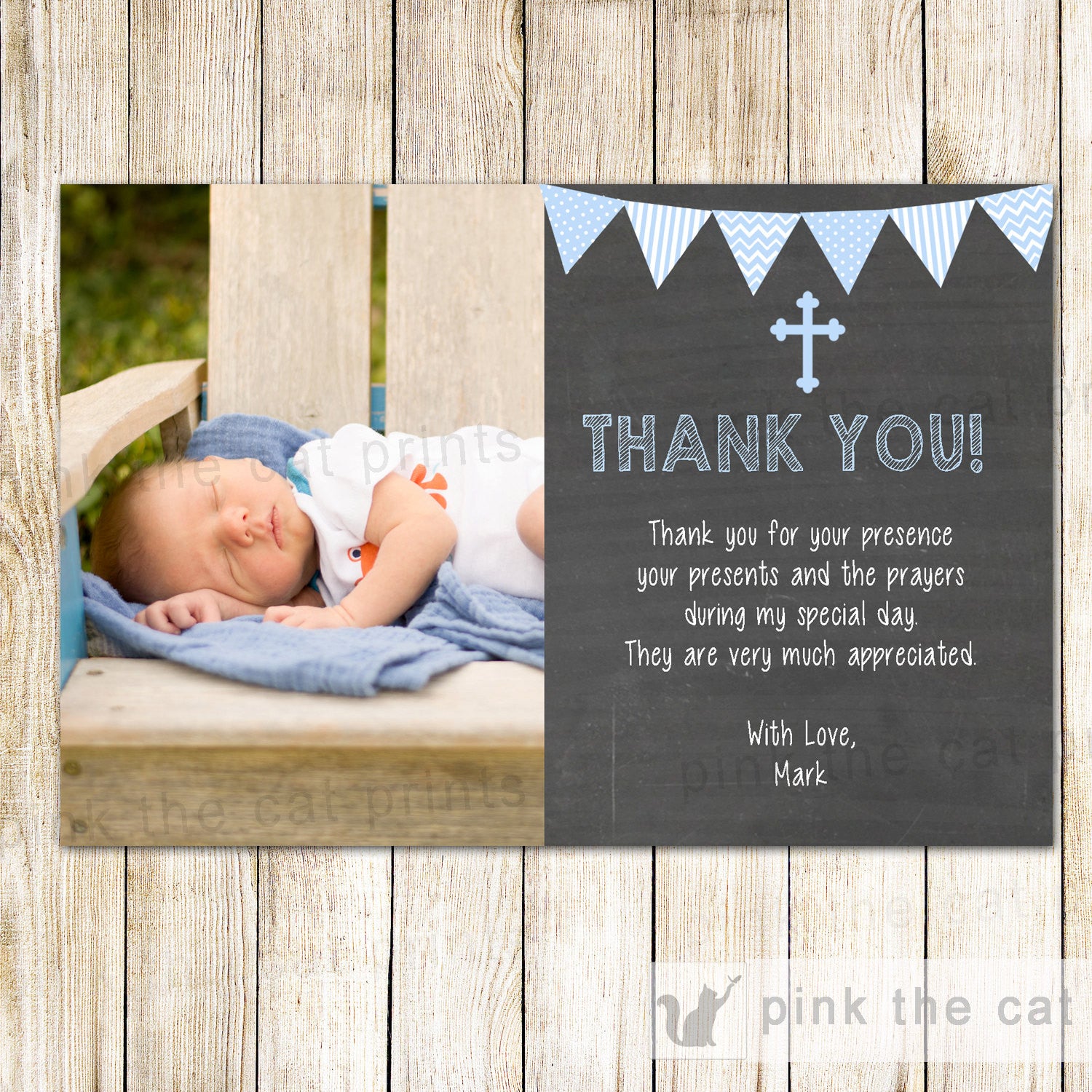 Boy Christening Baptism Thank You Photo Card Blue Chalkboard