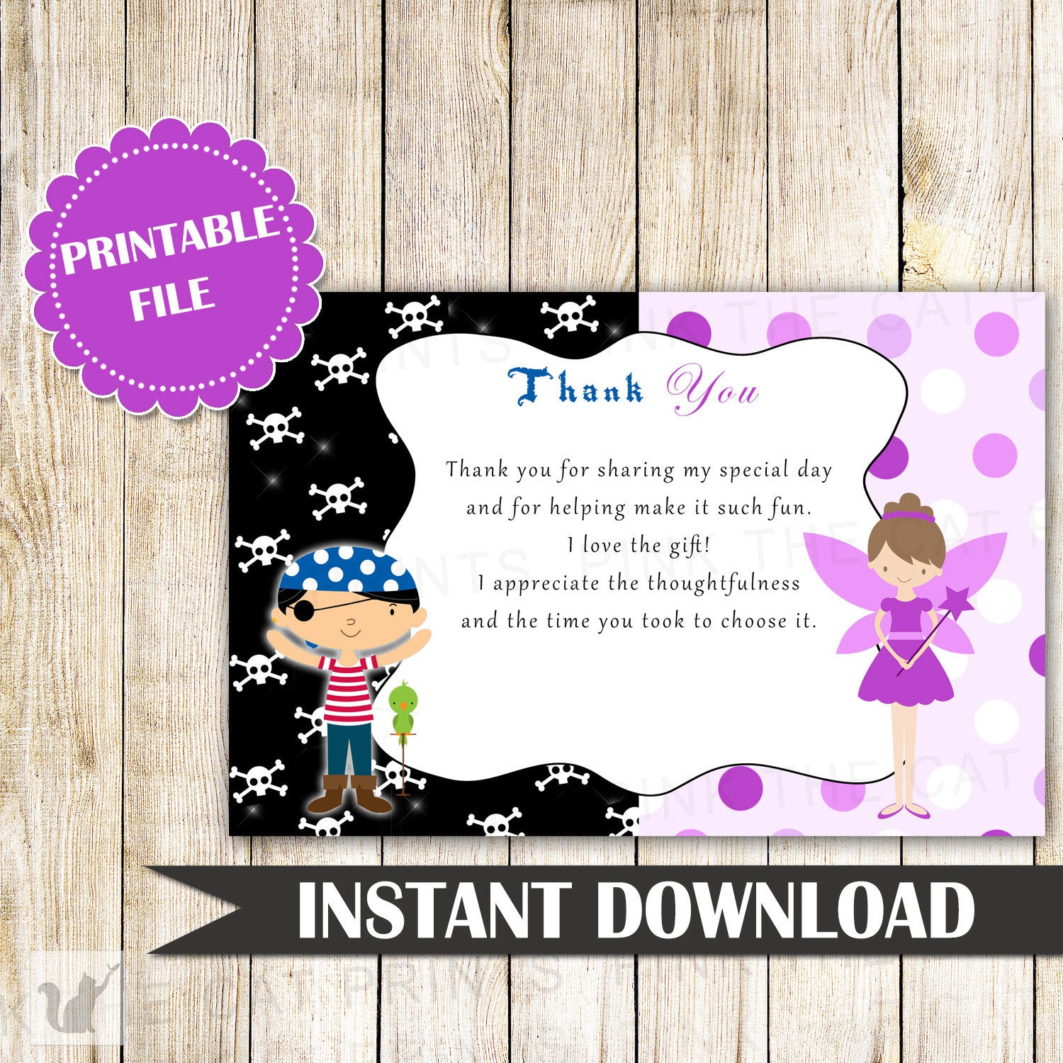 Pirate Pixie Thank You Cards - Pirate Fairy Birthday Party Kids Birthday Fairy Girl Boy Joint Party Siblings Brother Sister INSTANT DOWNLOAD