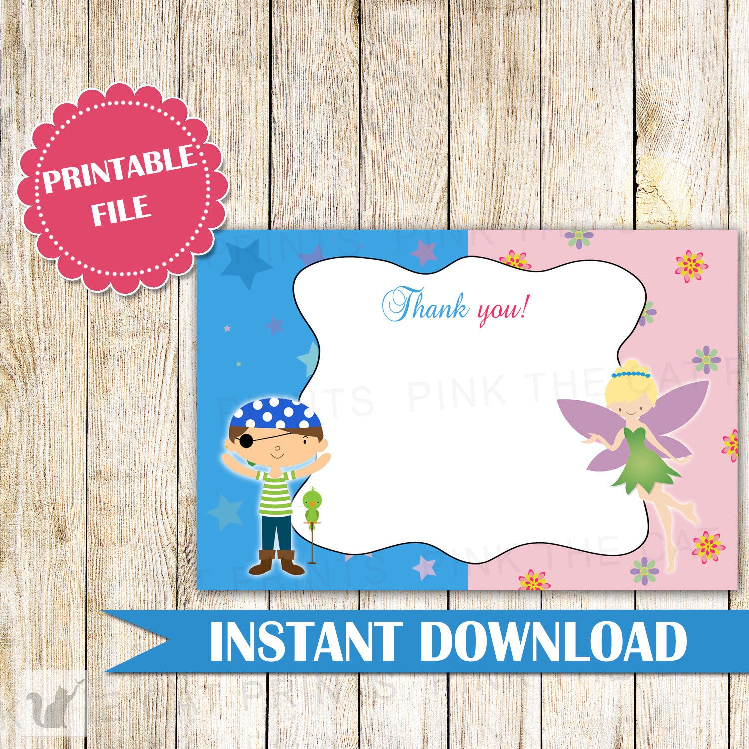 Pirate Fairy Thank You Cards - Pirate Fairy Birthday Party Kids Birthday Fairy Girl Boy Joint Party Siblings Brother Sister INSTANT DOWNLOAD