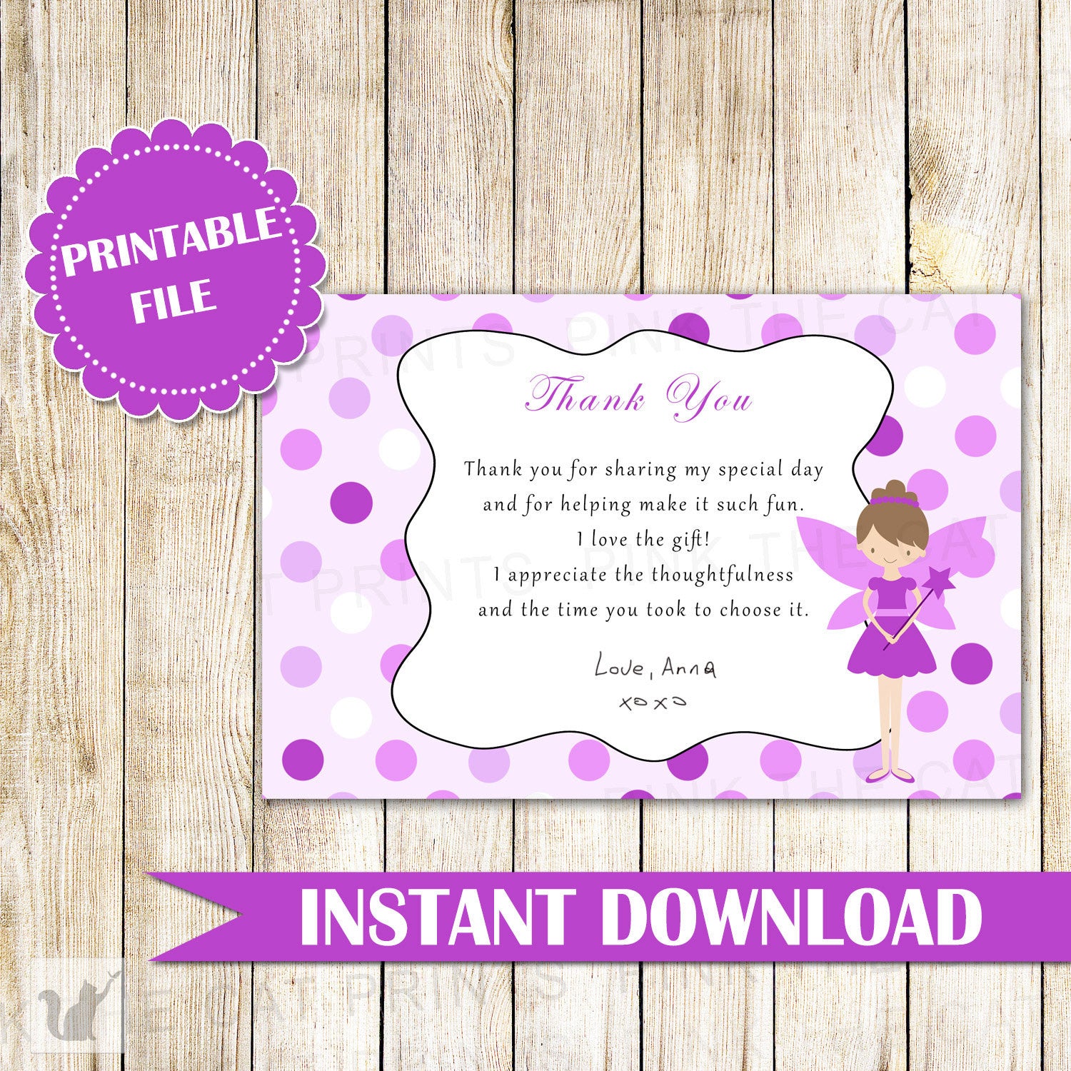 Fairy Thank You Card Note Birthday Baby Shower Purple