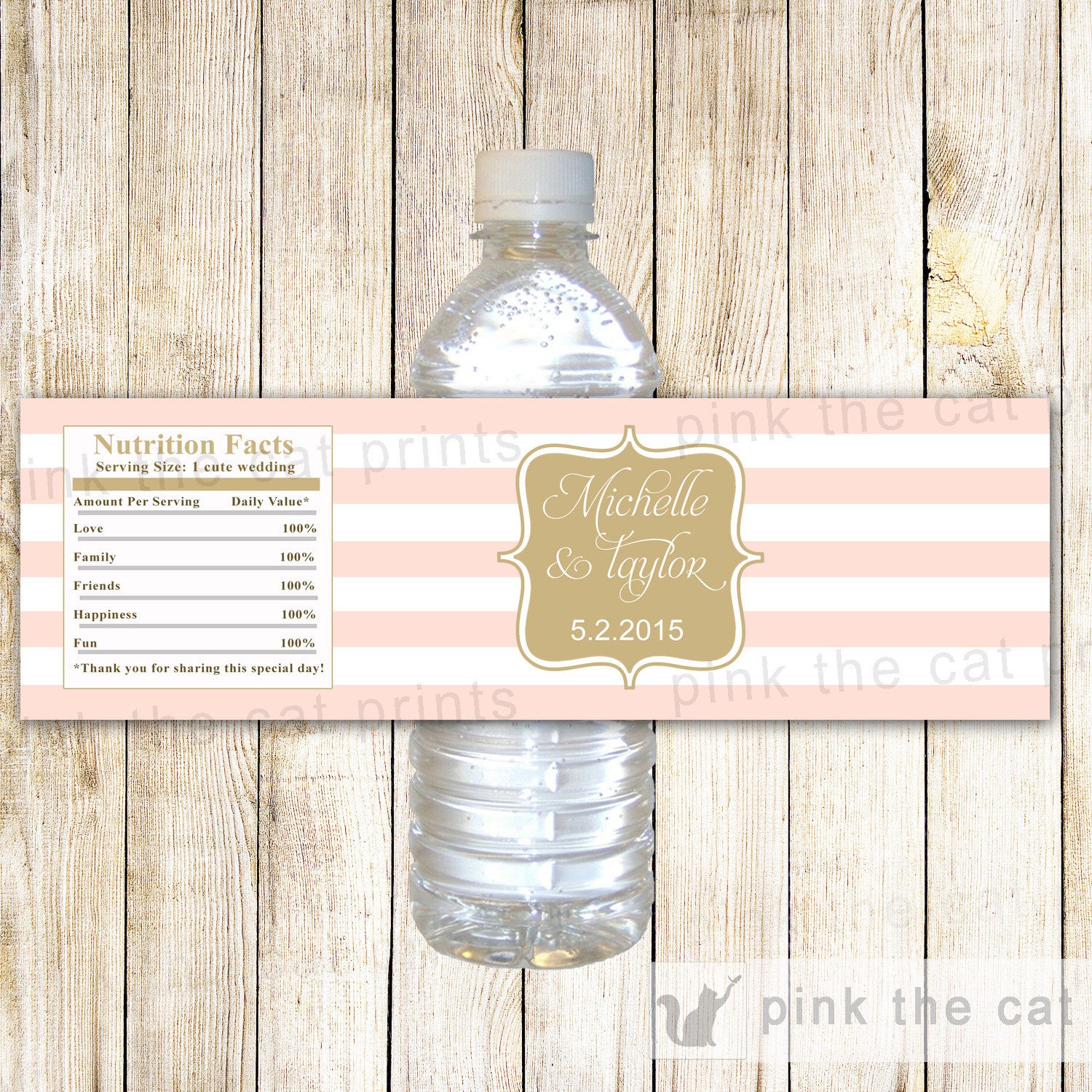 Blush Pink Gold Stripes Wedding Bottle Label
