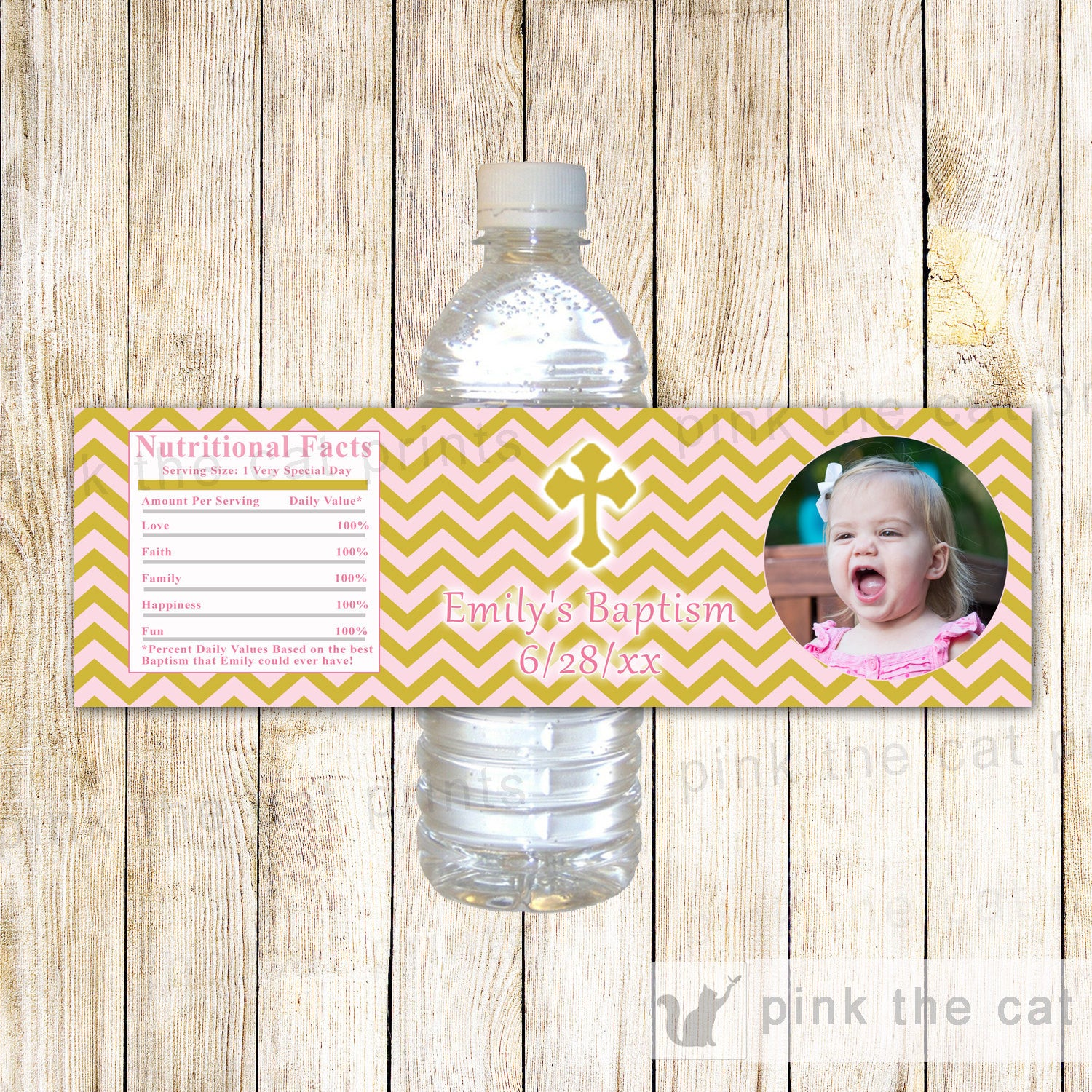 Girl Baptism Christening Photo Bottle Label Pink Gold