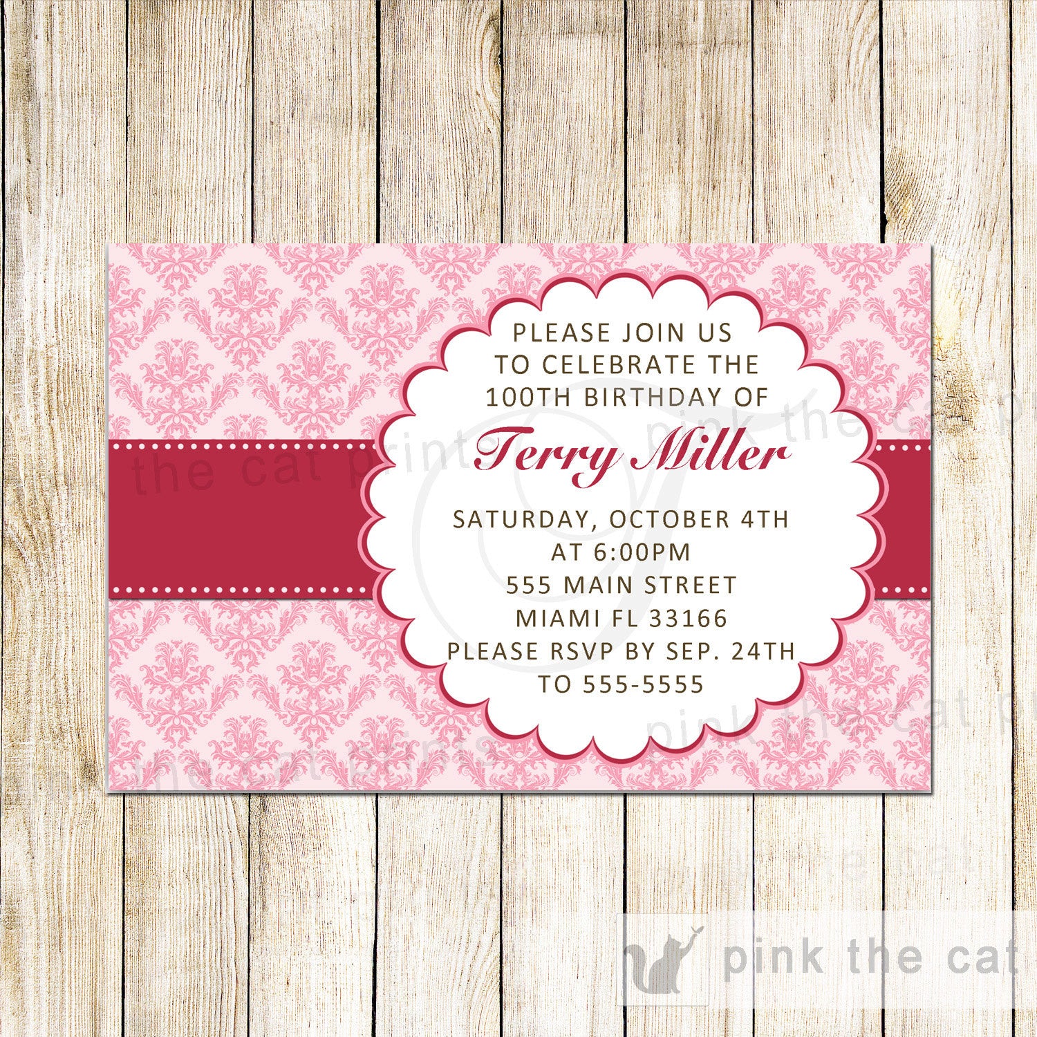 pink damask birthday invitation