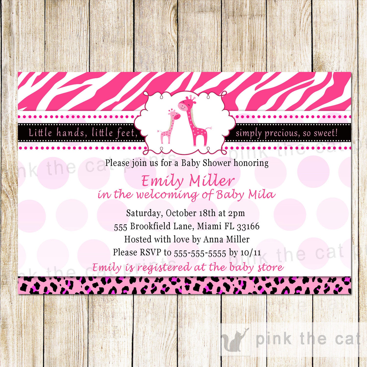 hot pink giraffe baby shower invitation