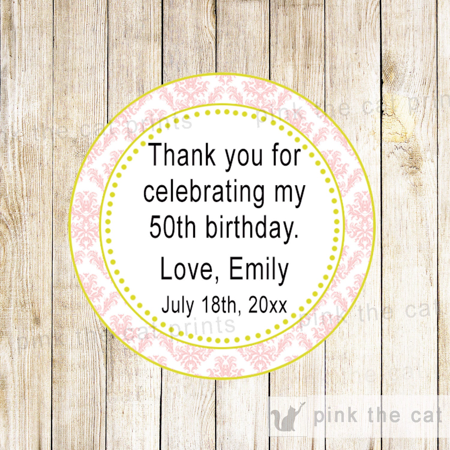 Pink Yellow Damask Adult Birthday Party Gift Favor Label