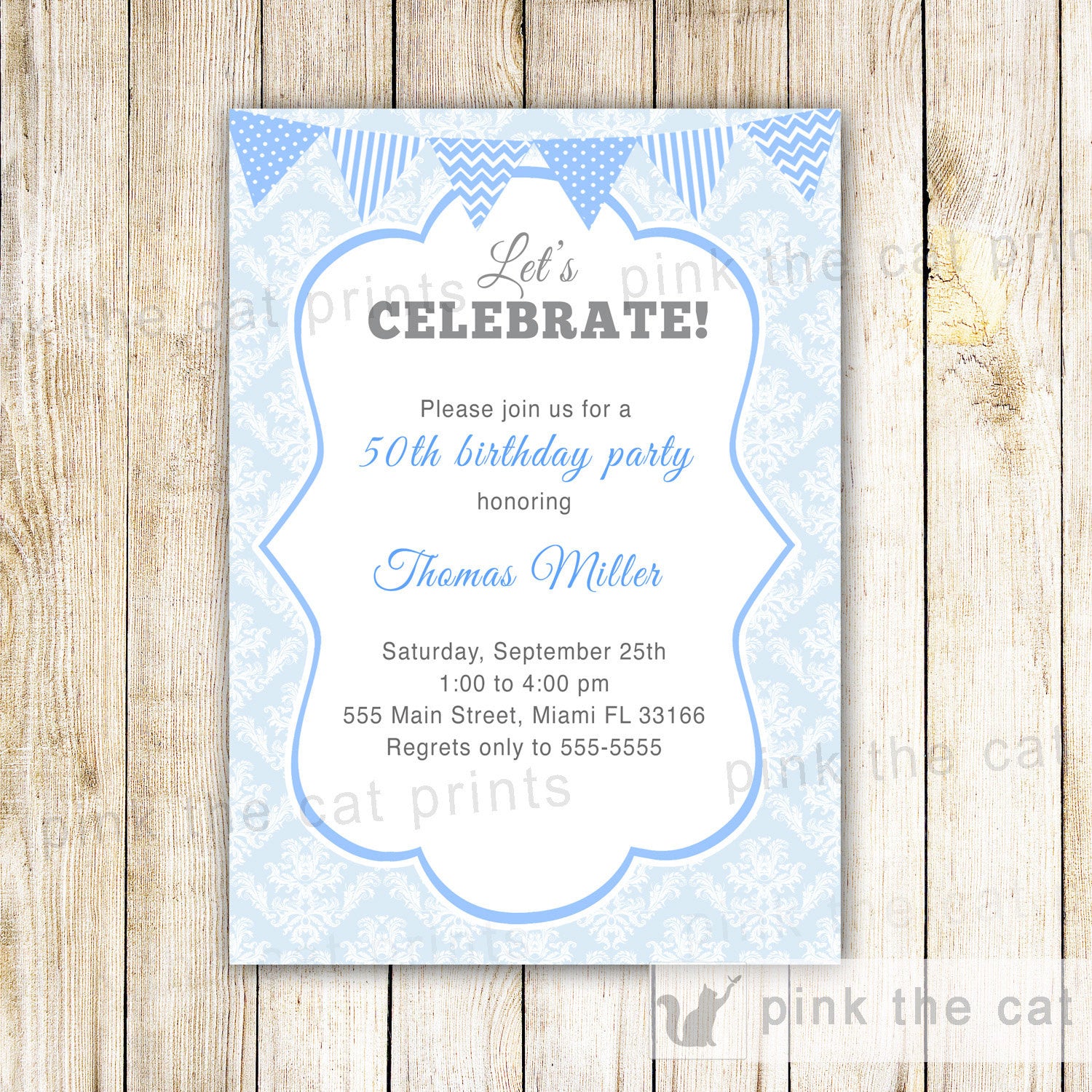 Adult Birthday Invitation Blue Damask