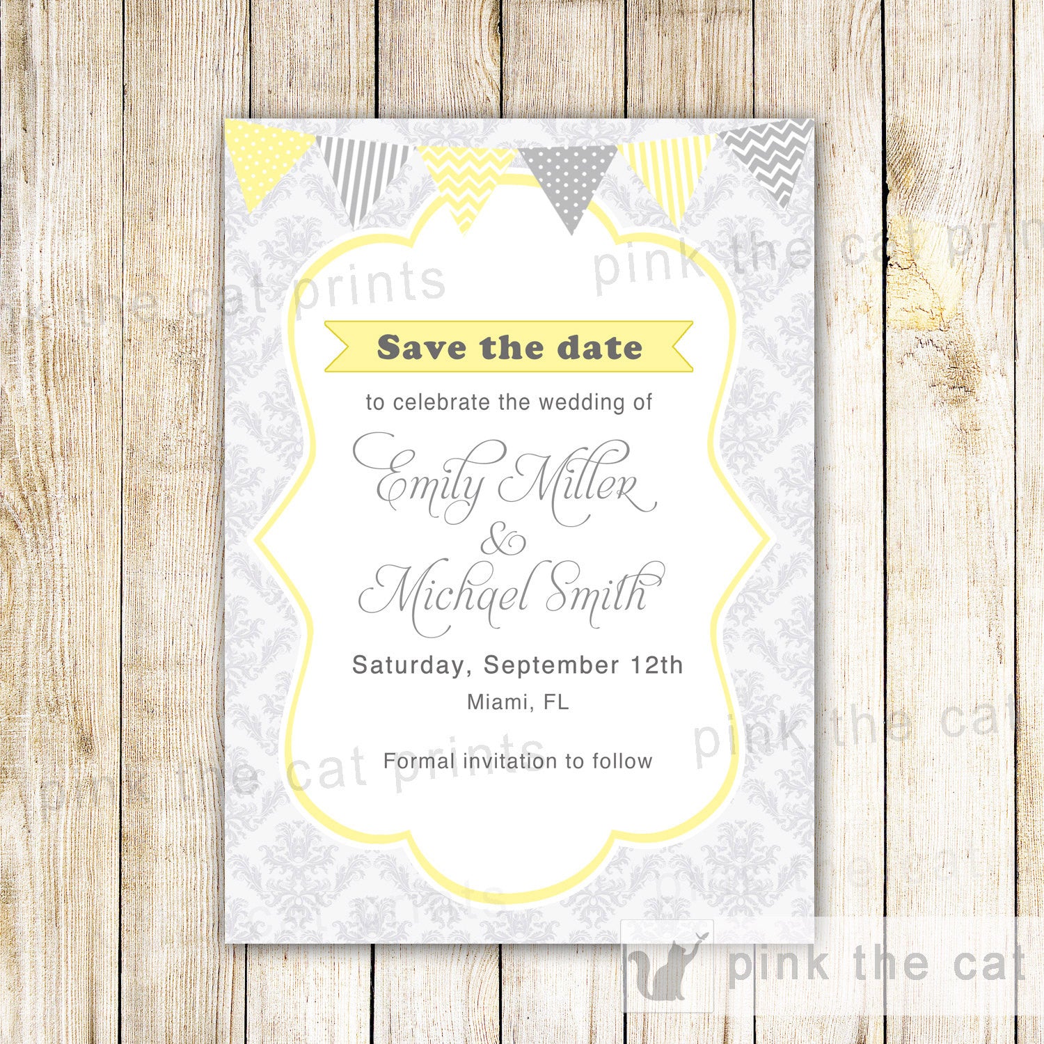 Grey Yellow Wedding Damask Save The Date Card