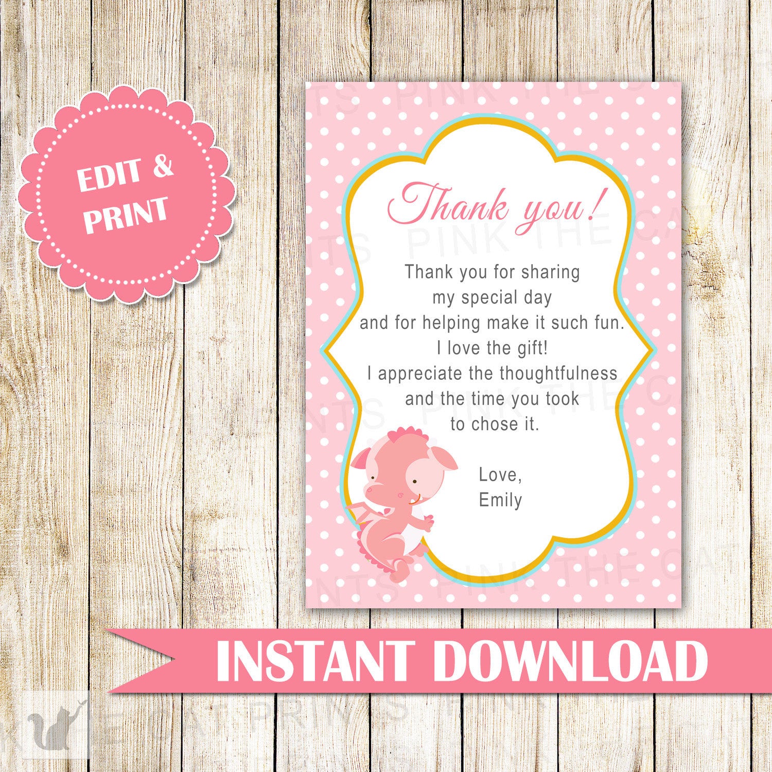 Pink Dragon Thank You Card Note Birthday Baby Girl Shower