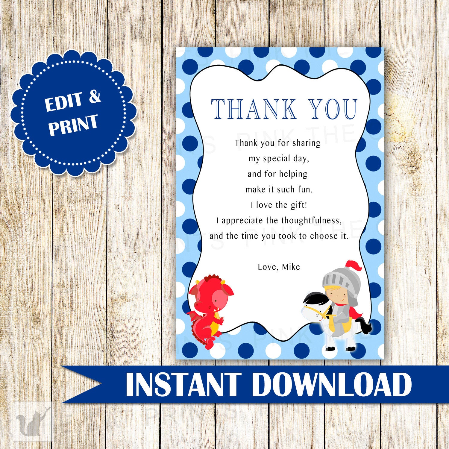 Dragon Knight Thank You Card Note Boy Birthday Baby Shower Blue Red