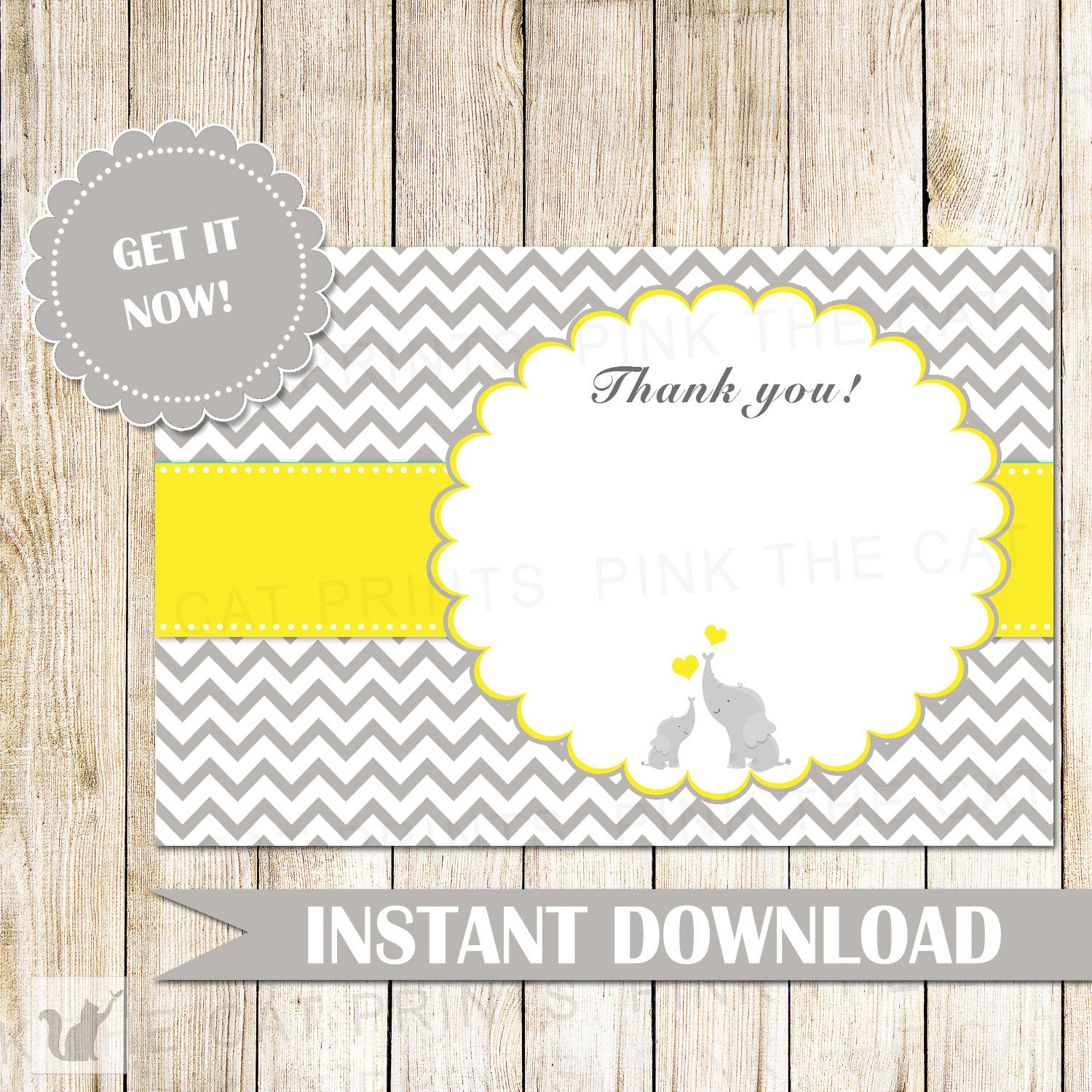 Elephant Thank You Card Unisex Baby Shower Note Yellow Grey