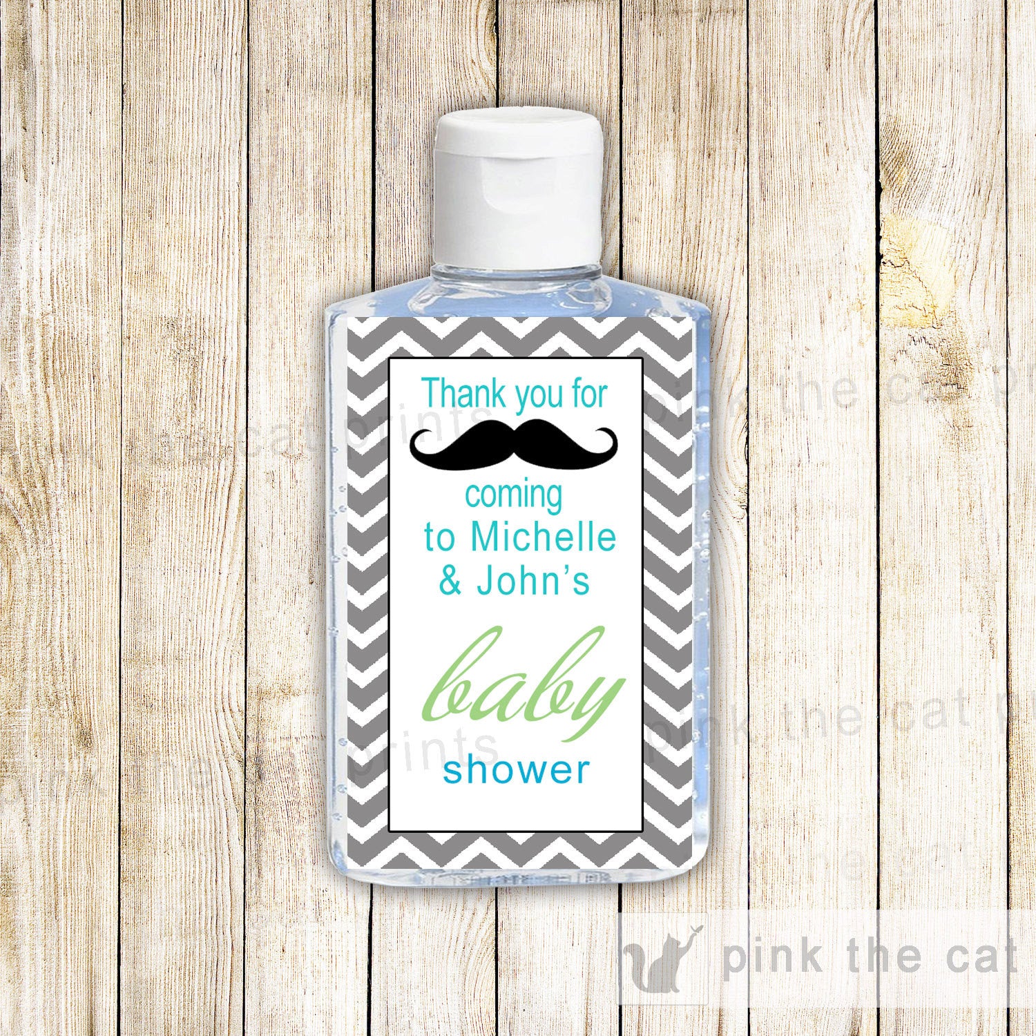 Mustache Baby Boy Shower Hand Sanitizer Label Chevron