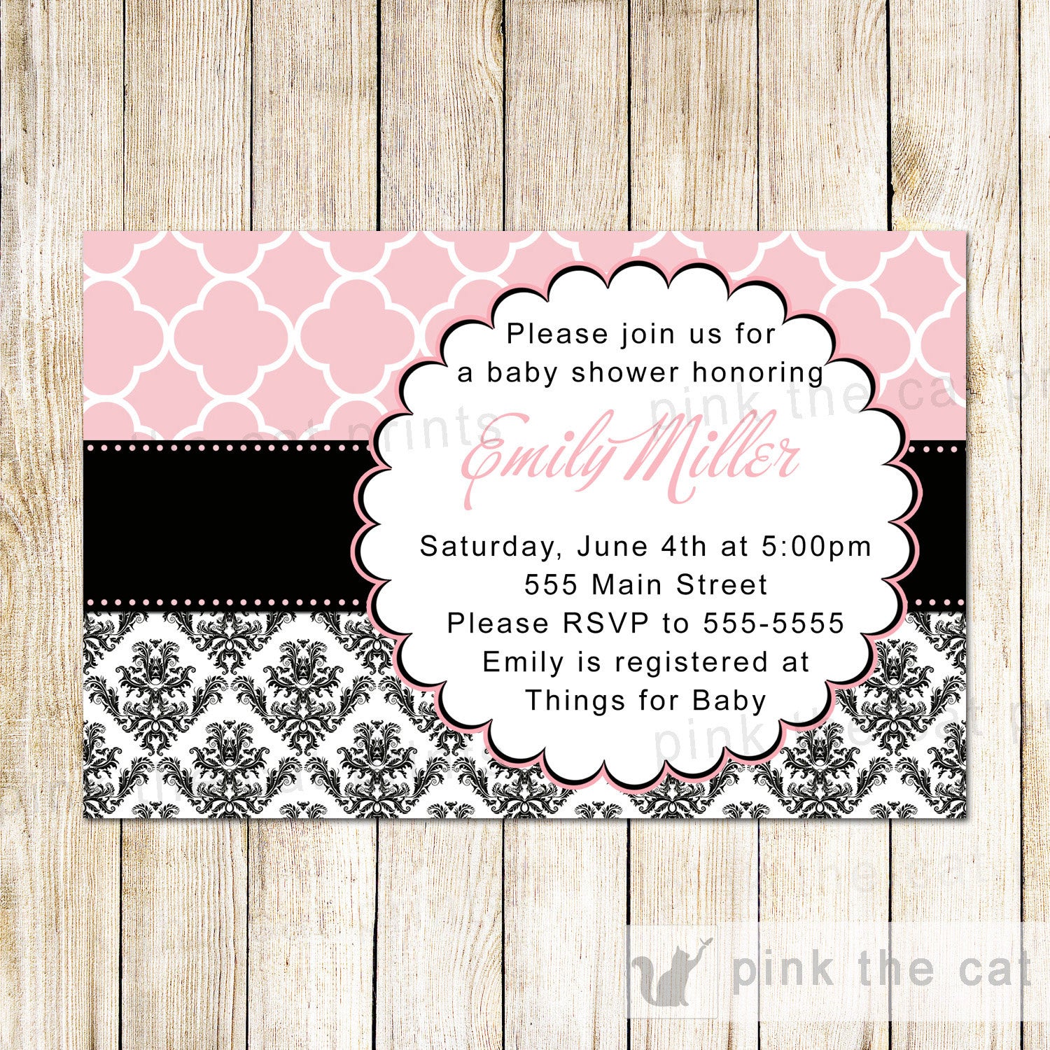 pink black damask baby shower invitation
