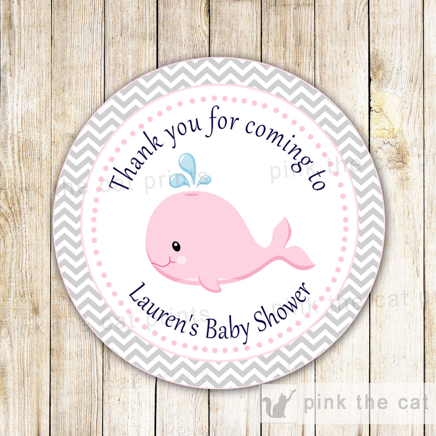 Whale Nautical Favor Label Gift Tag Girl Baby Shower Birthday Pink Grey