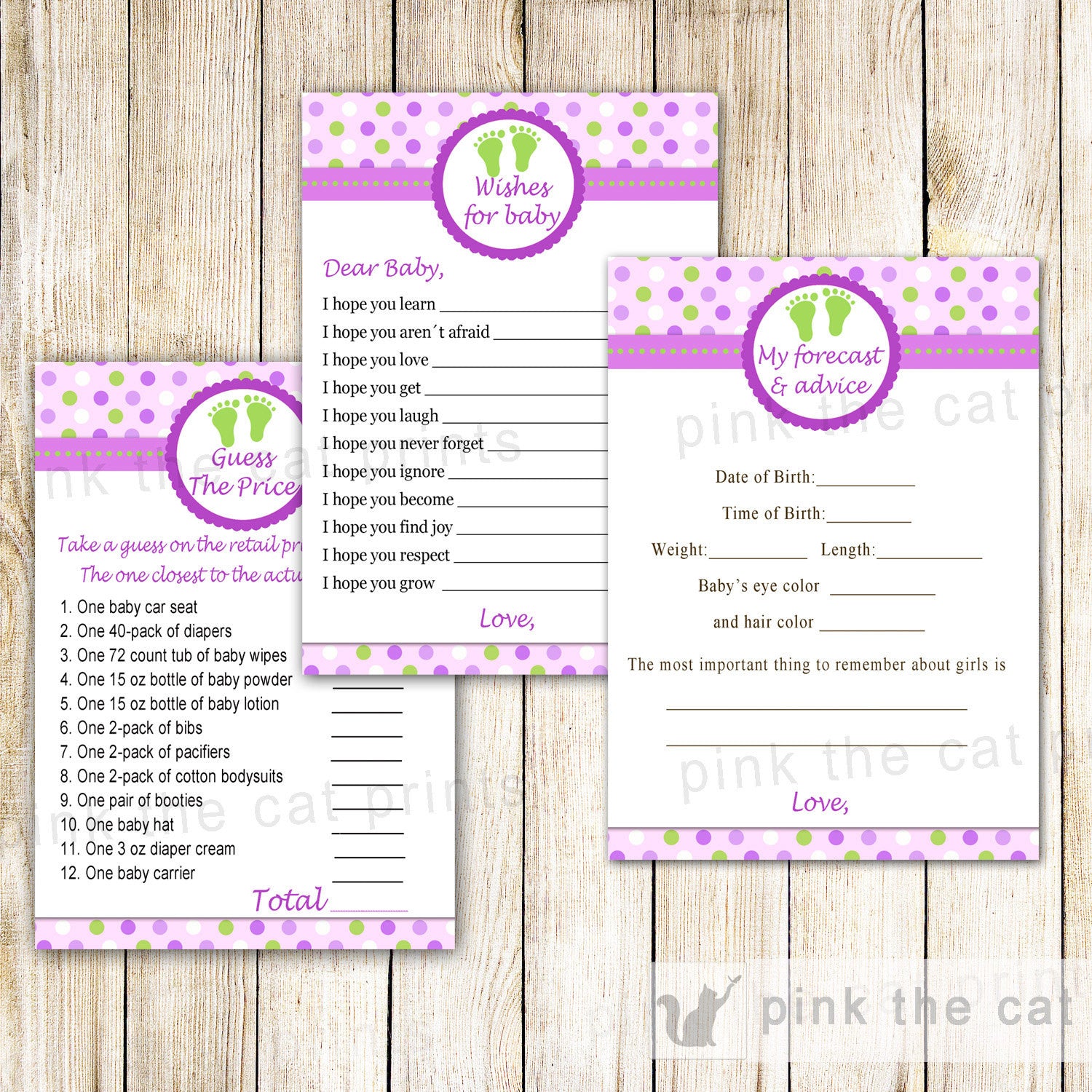 Baby Shower Games Purple Green Wishes for Baby, Advice Card & More