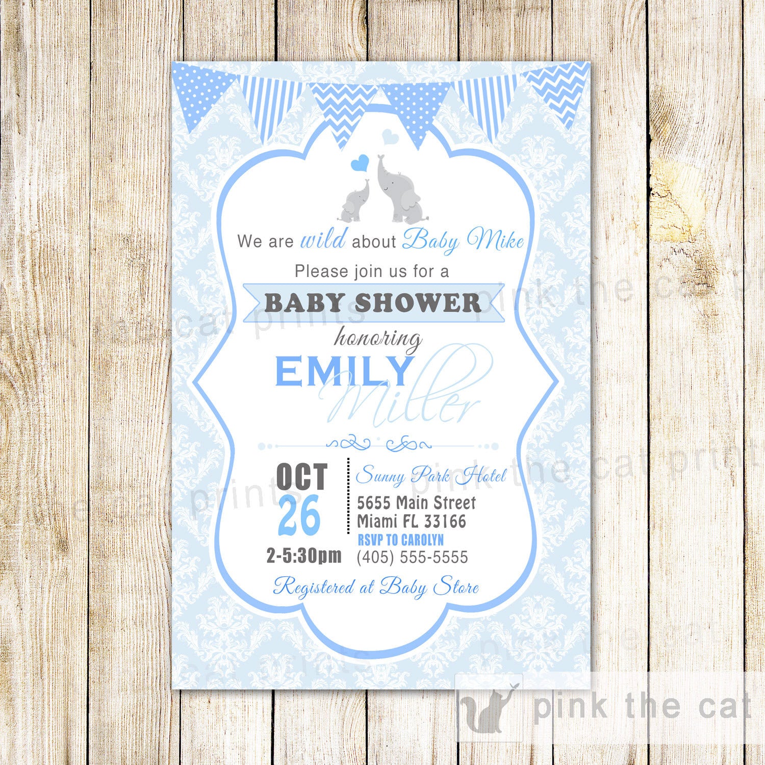 damask blue elephant invitation