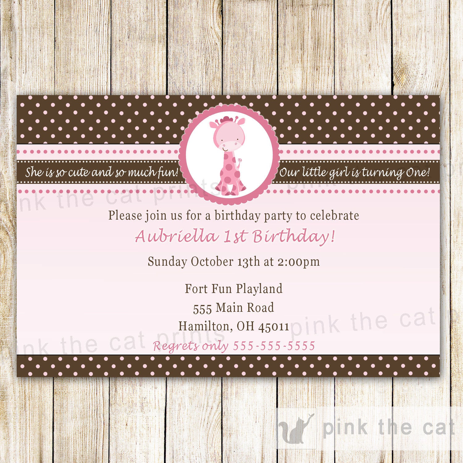 pink brown giraffes invitation polka dots