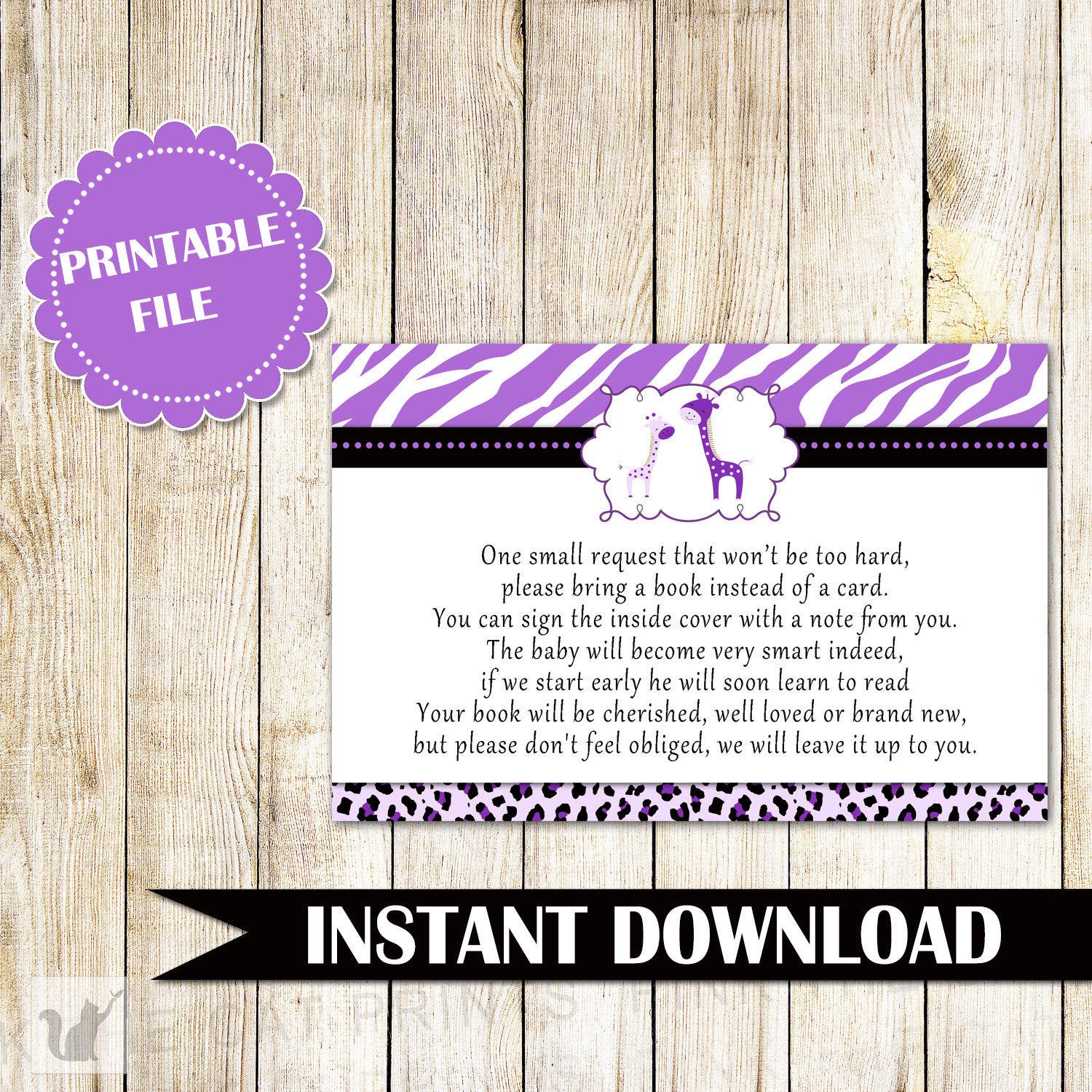 Bring a Book Instead Of a Card Giraffe Baby Shower Purple