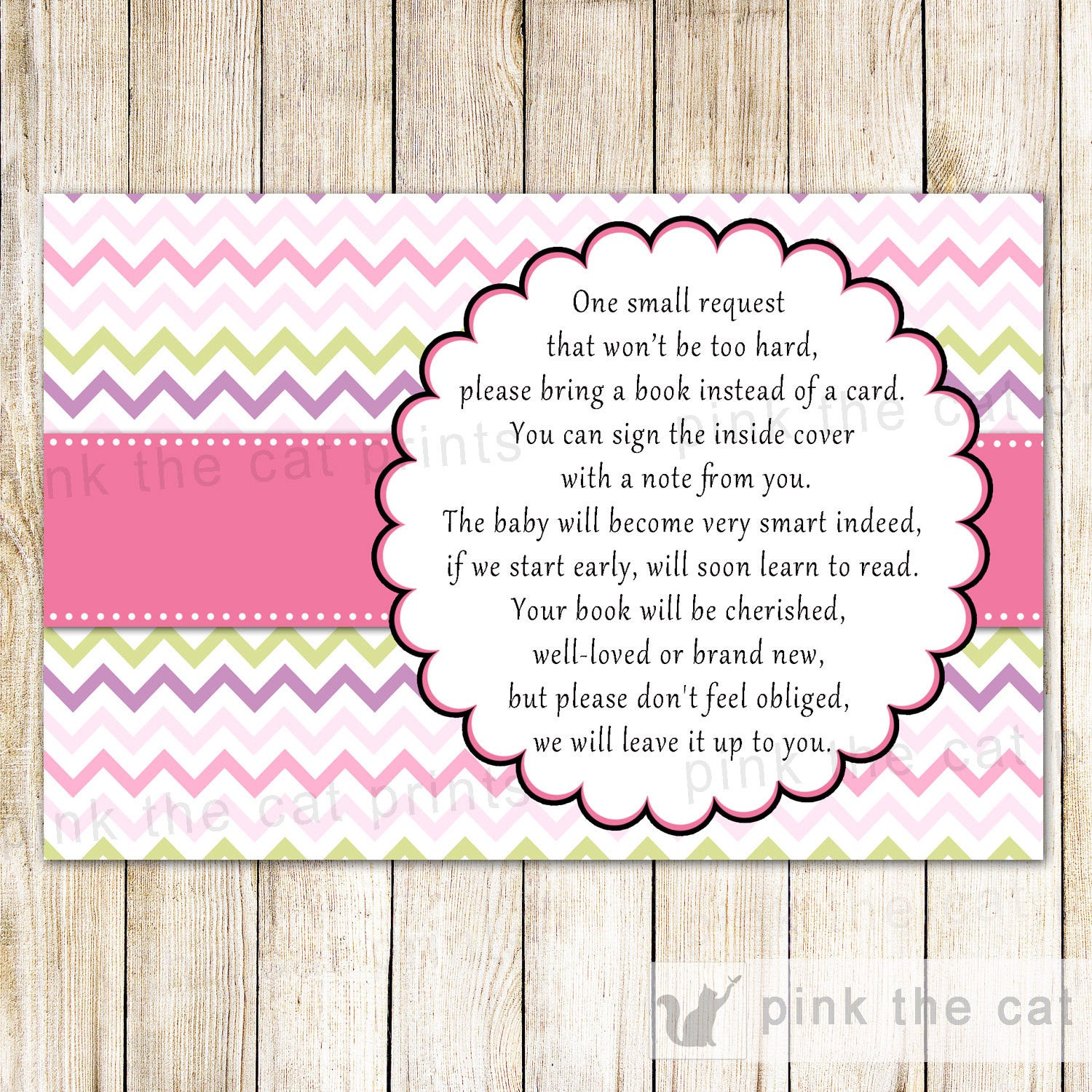 Chevron Baby Girl Shower Invitation & Bring a Book Card Pink Green