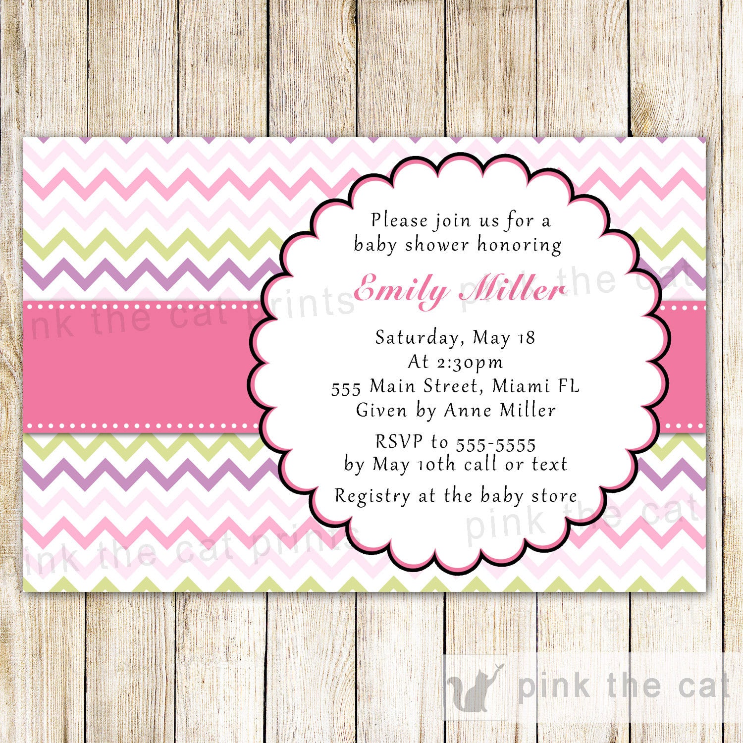 Chevron Baby Girl Shower Invitation & Bring a Book Card Pink Green