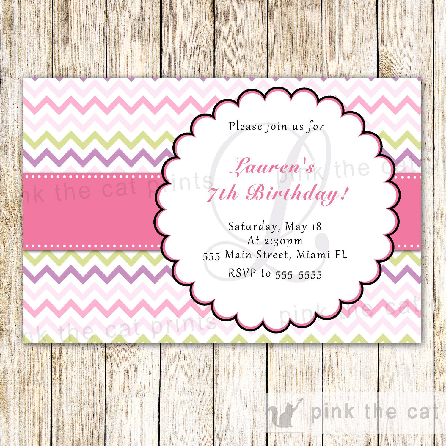 pink green birthday invitation