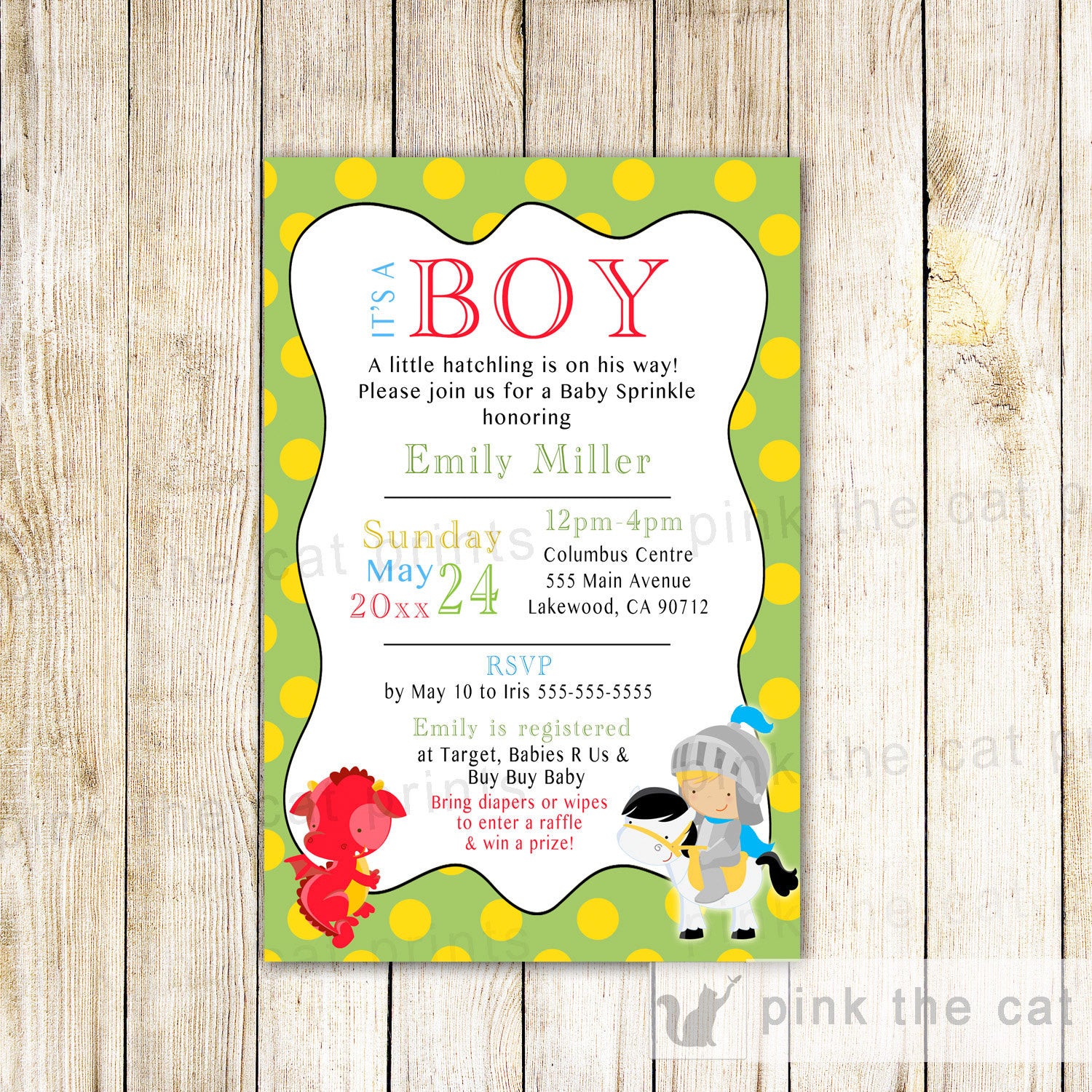 knight dragon baby shower invitation green