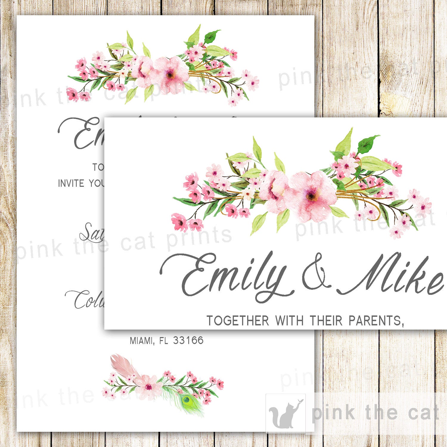 Floral Menu Card Bohemian Wedding Pink Mint Green