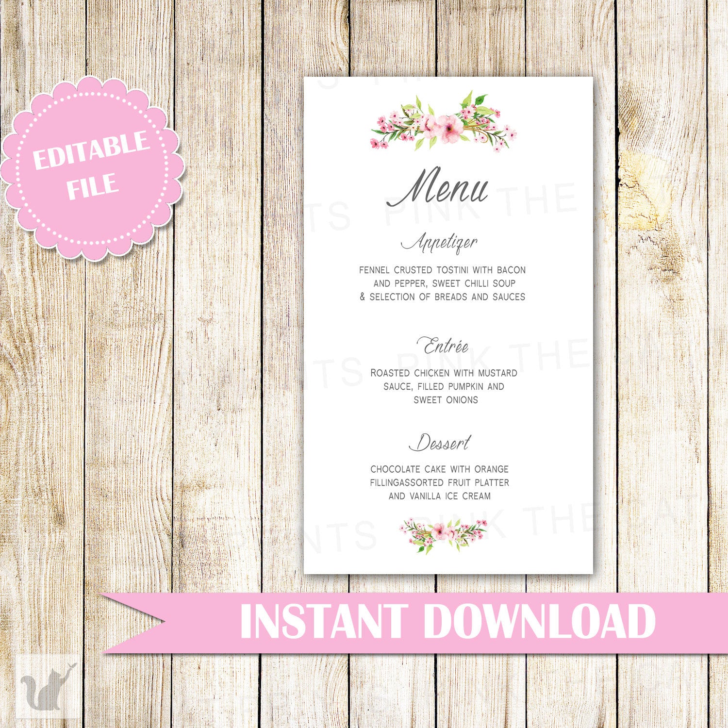 Floral Menu Card Bohemian Wedding Pink Mint Green