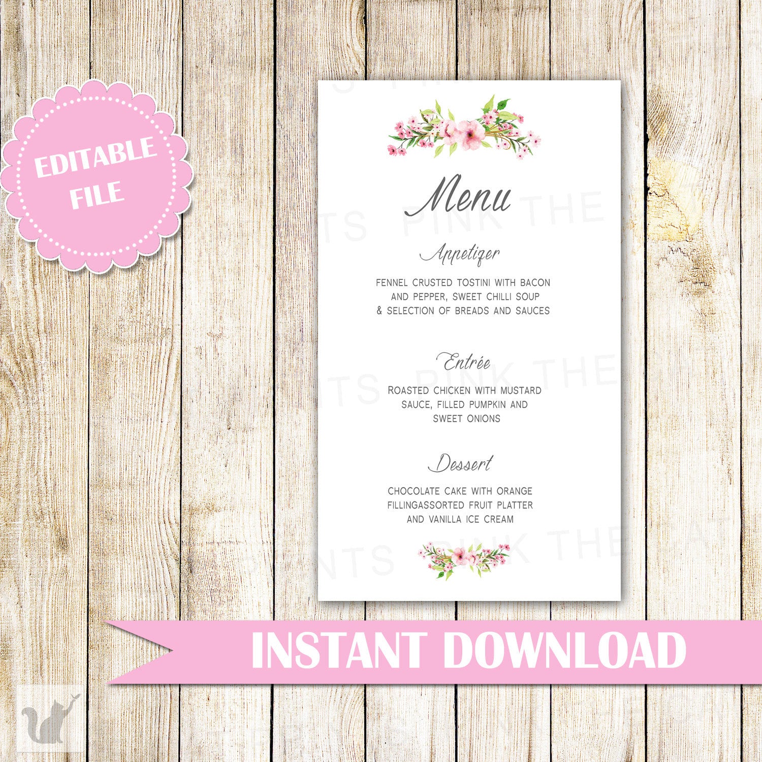 Floral Menu Card Bohemian Wedding Pink Mint Green