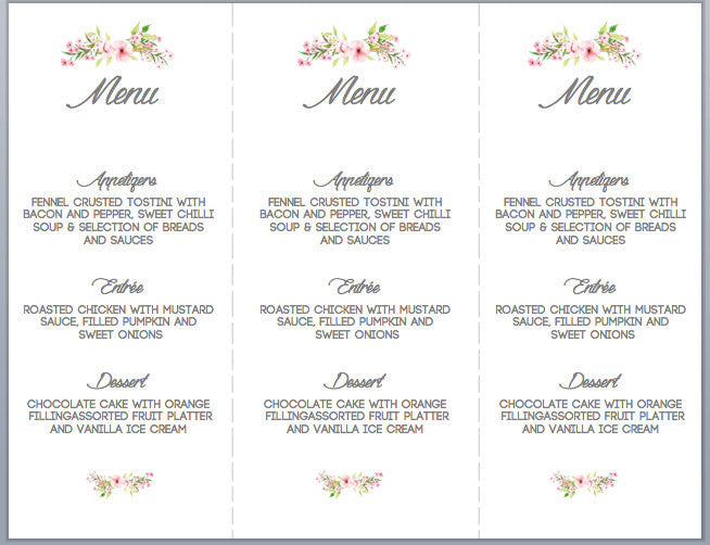 Floral Menu Card Bohemian Wedding Pink Mint Green