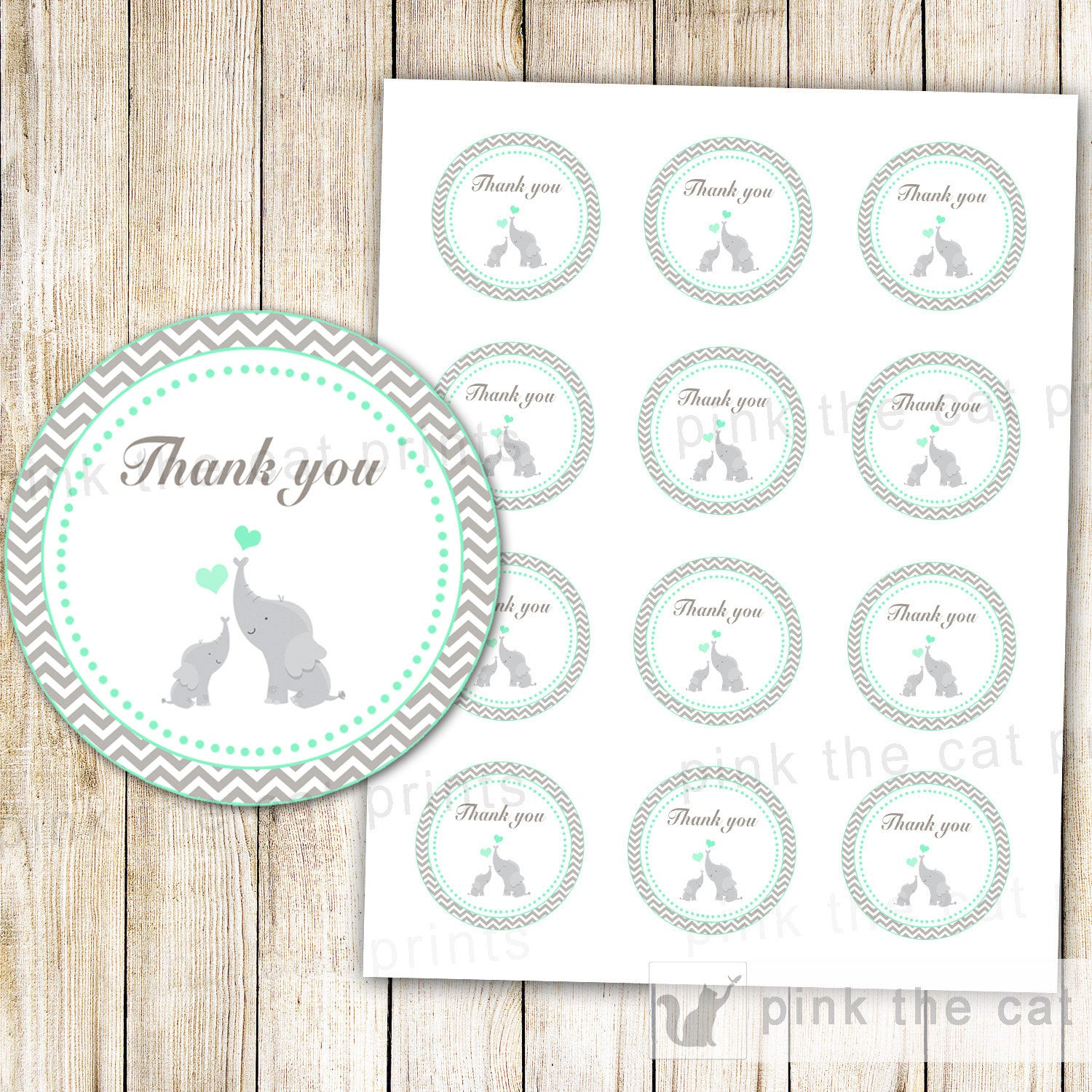 Elephant Thank You Label Baby Shower Unisex Mint Green Stickers