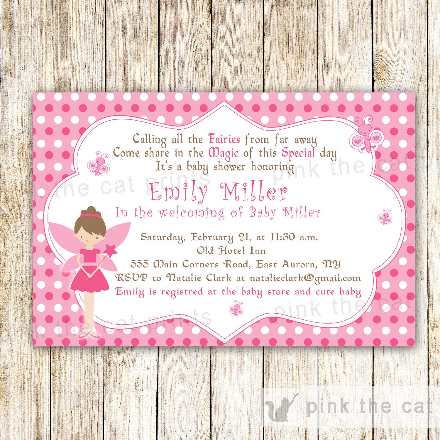 fairy invitation pink white polka dots