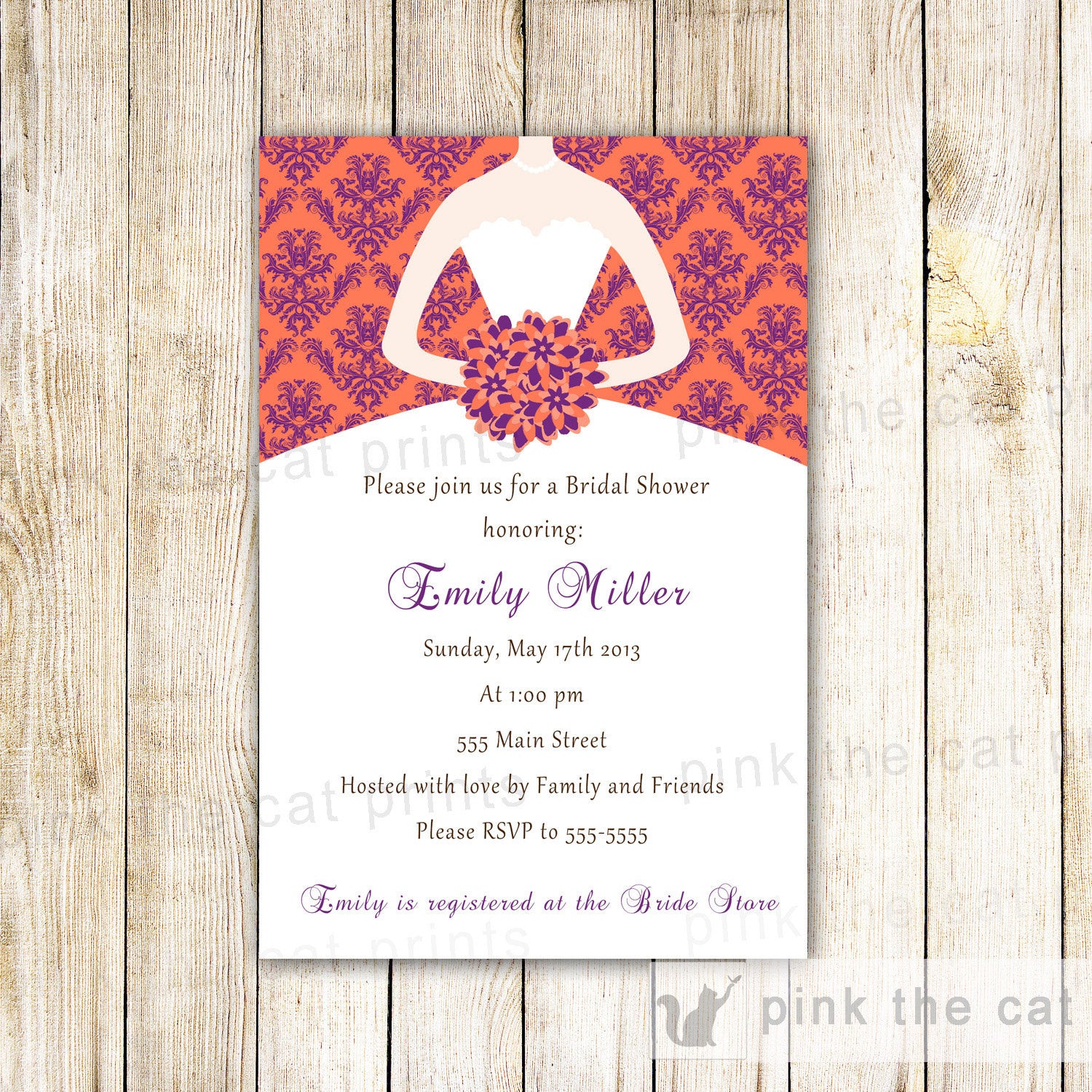 coral purple dress bridal shower invitation
