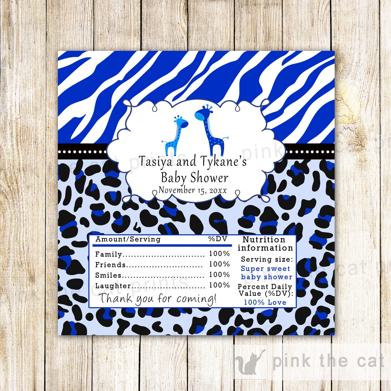 Giraffe Baby Shower Candy Bar Wrapper Label Royal Blue