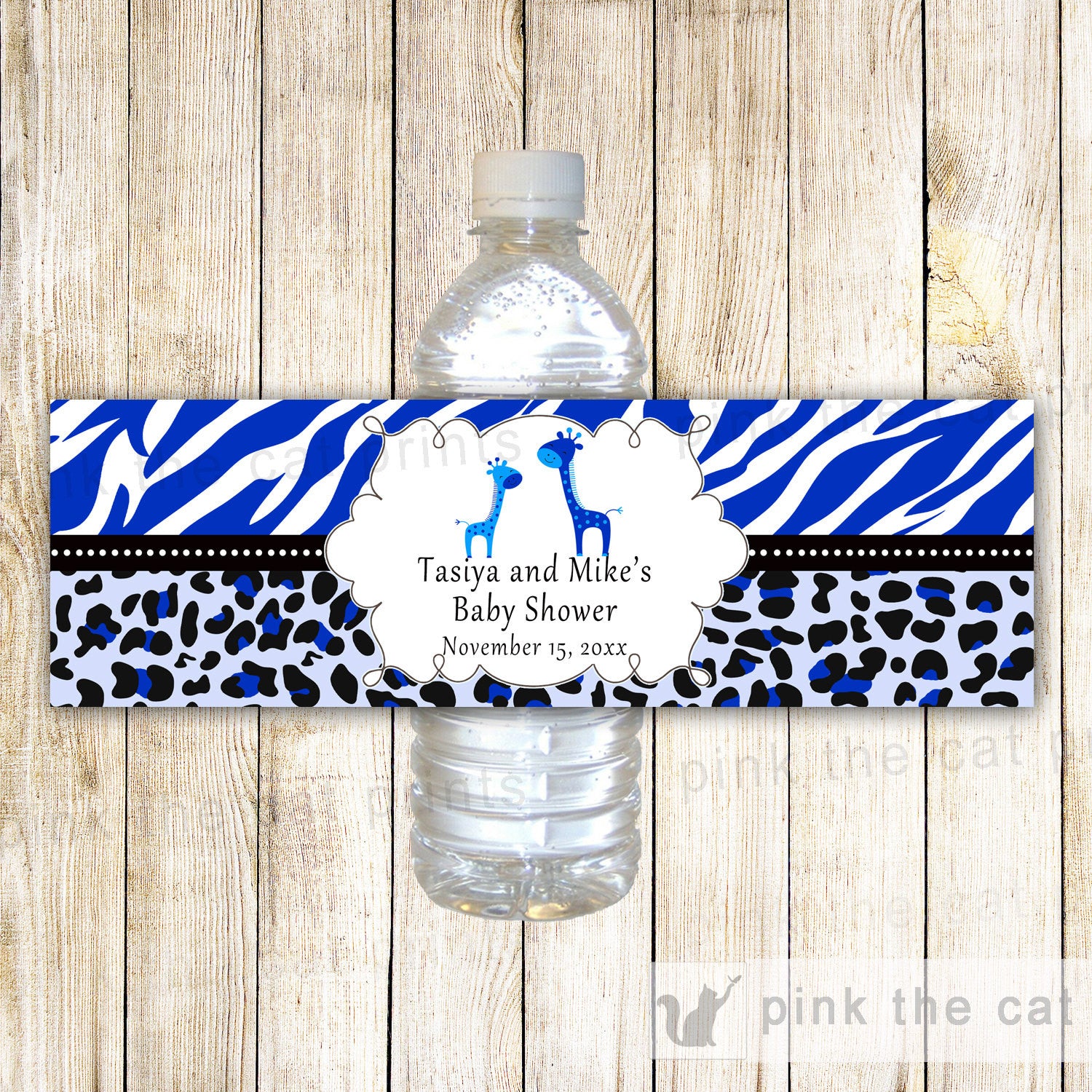 Giraffe Bottle Label Royal Blue Baby Shower