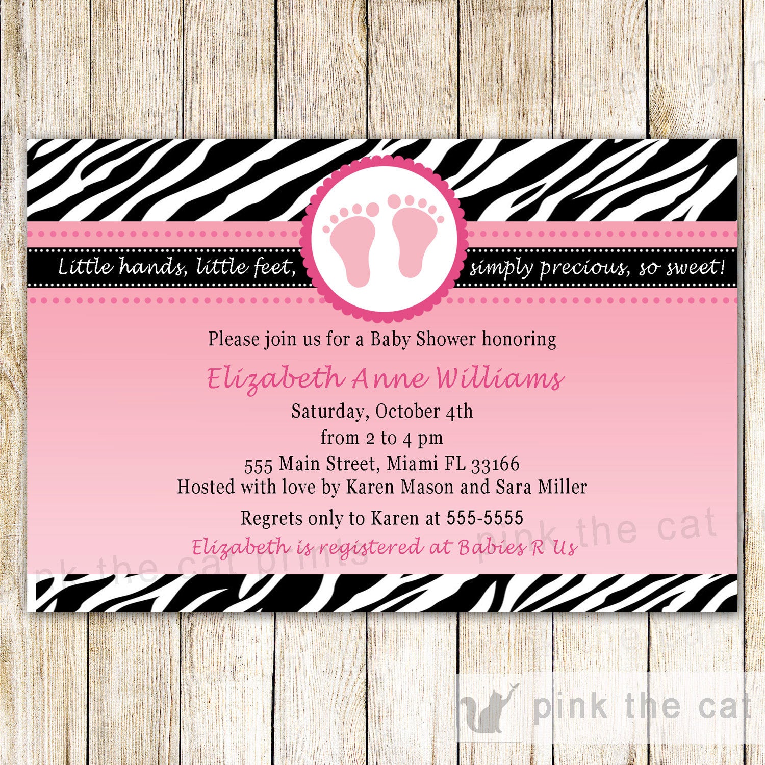 zebra pink black invitation