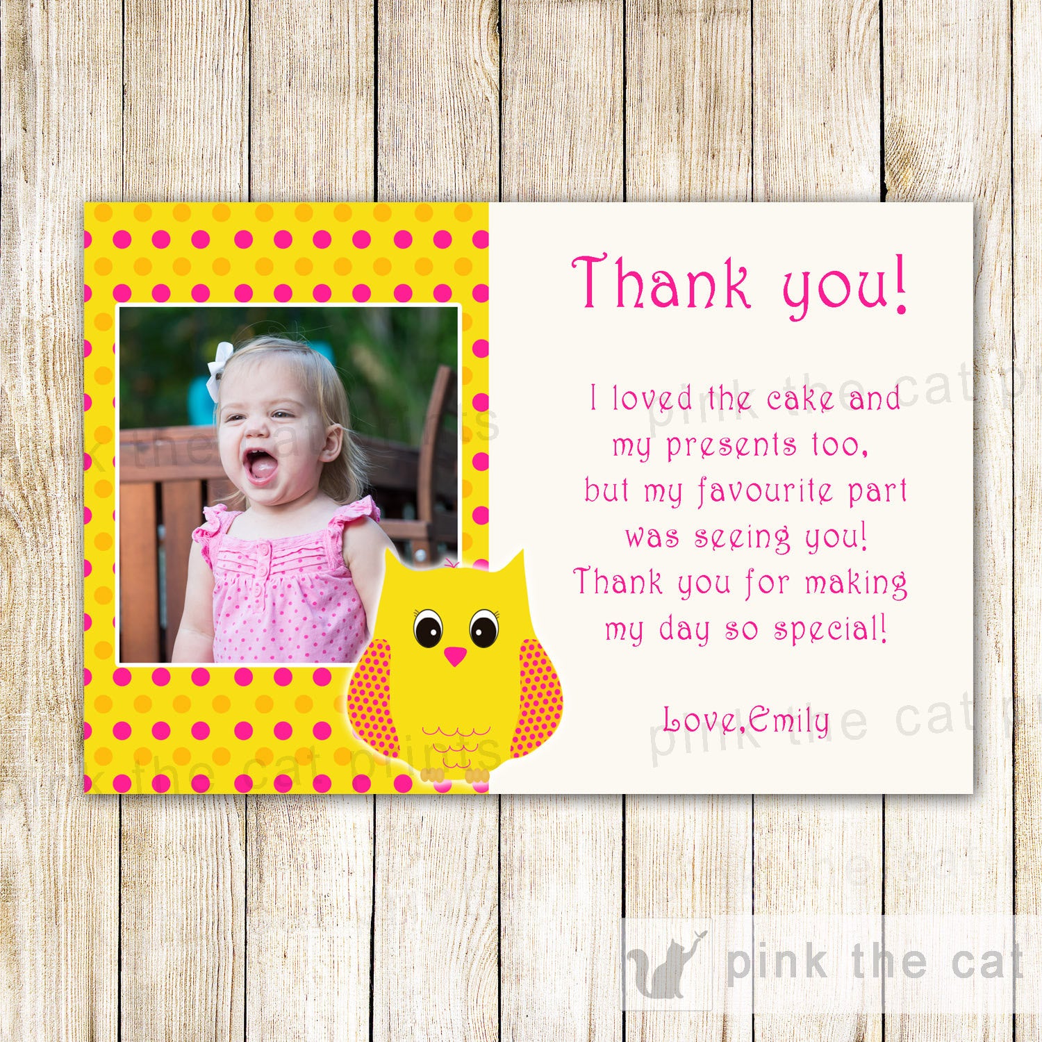 Owl Thank You Photo Card Note Orange Girl Birthday
