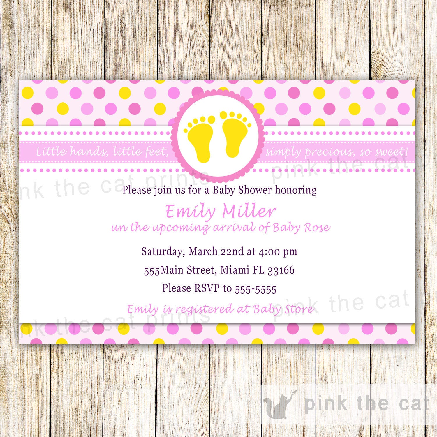 yellow pink baby shower invitation feet