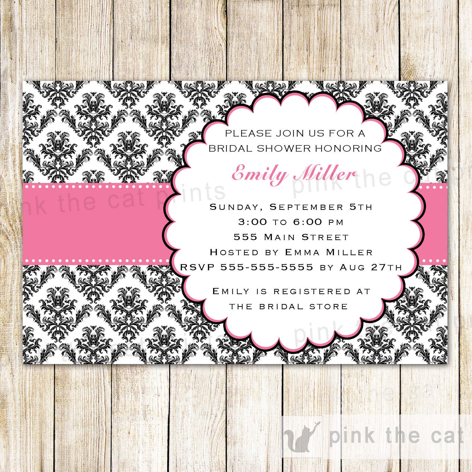 pink black damask bridal shower invitation