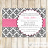 pink black damask bridal shower invitation