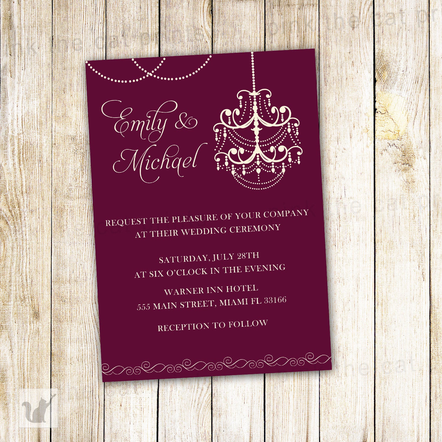 burgundy chandelier wedding invitation