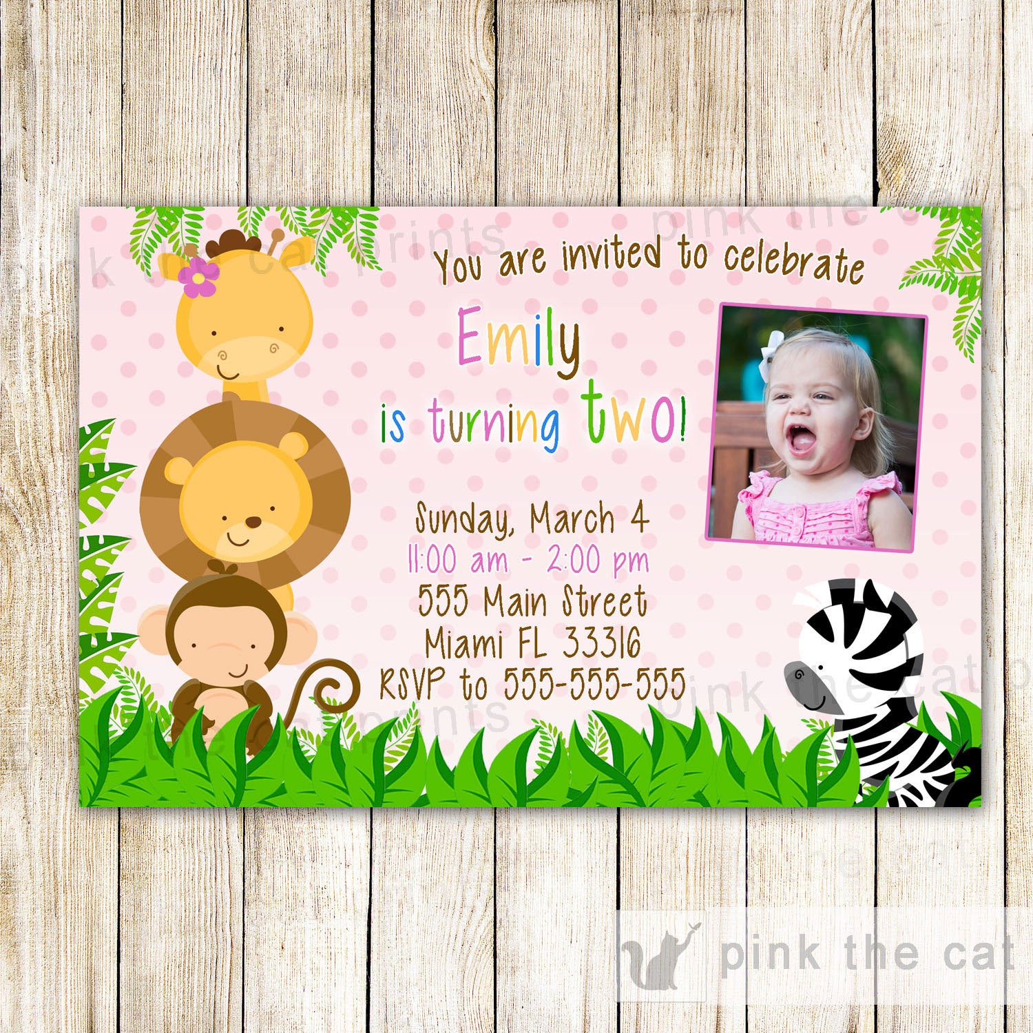 pink jungle invitation photo card