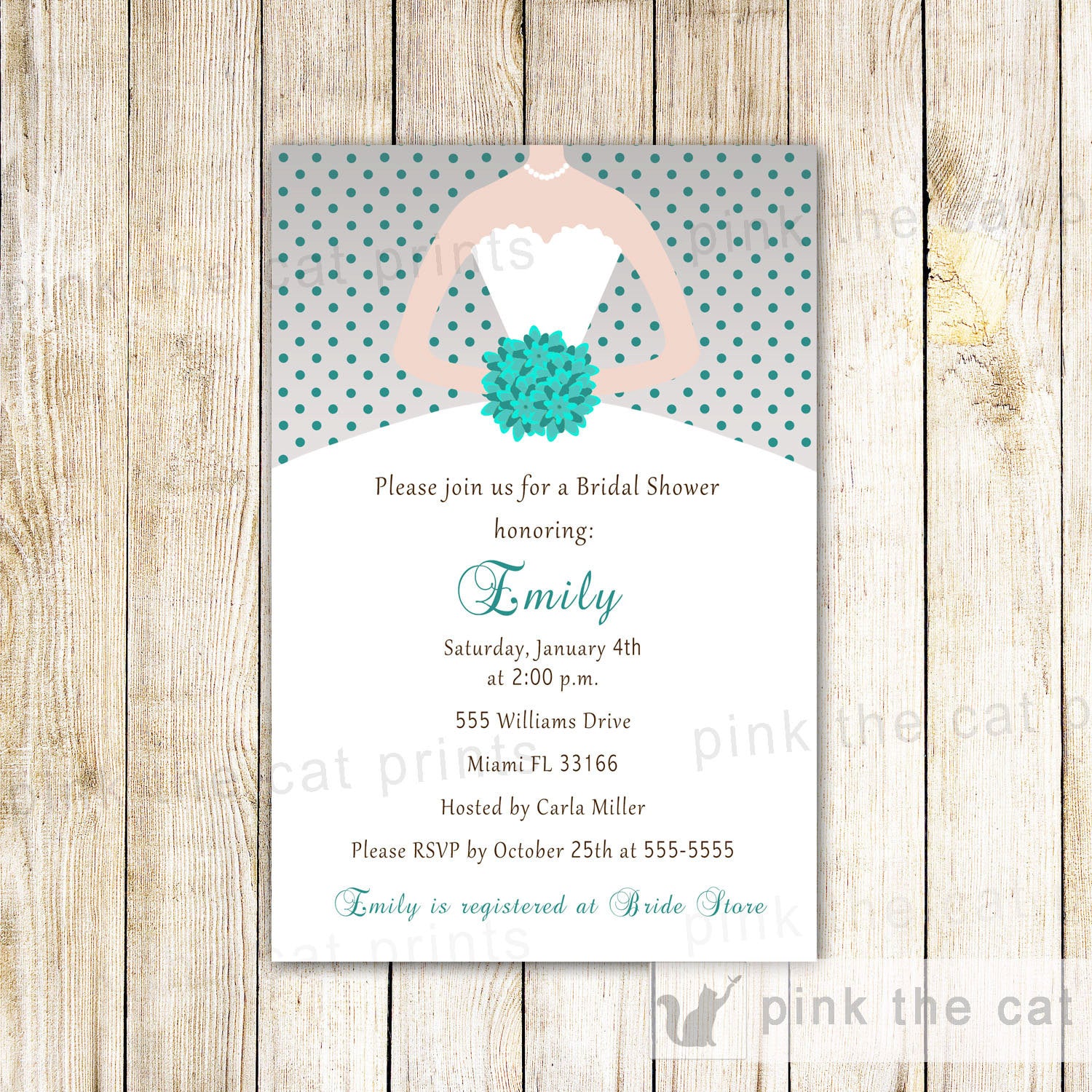 teal grey dress bridal shower invitation