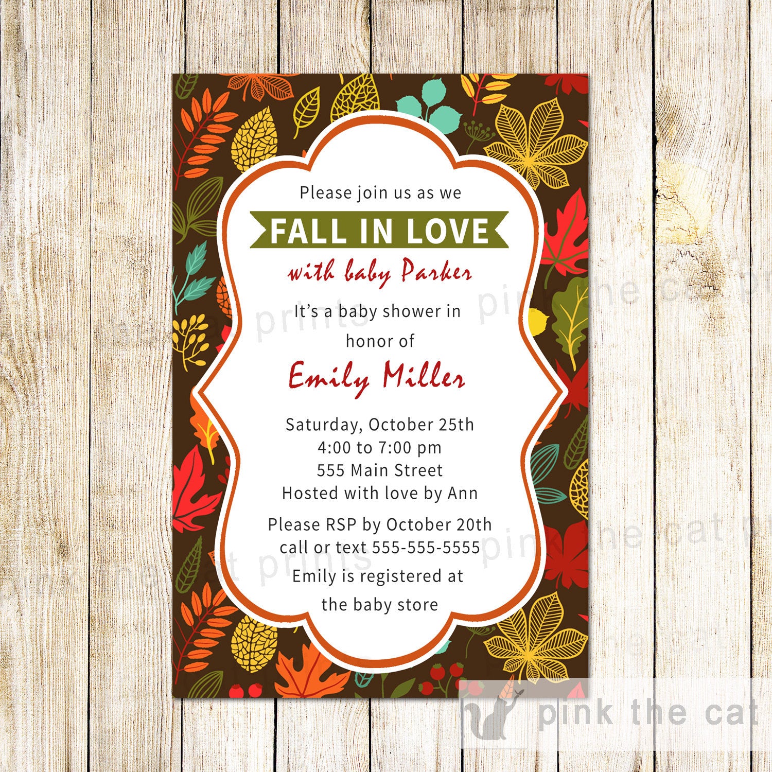 Fall In Love Invitation Baby Shower Unisex Autumn Leaves Printable