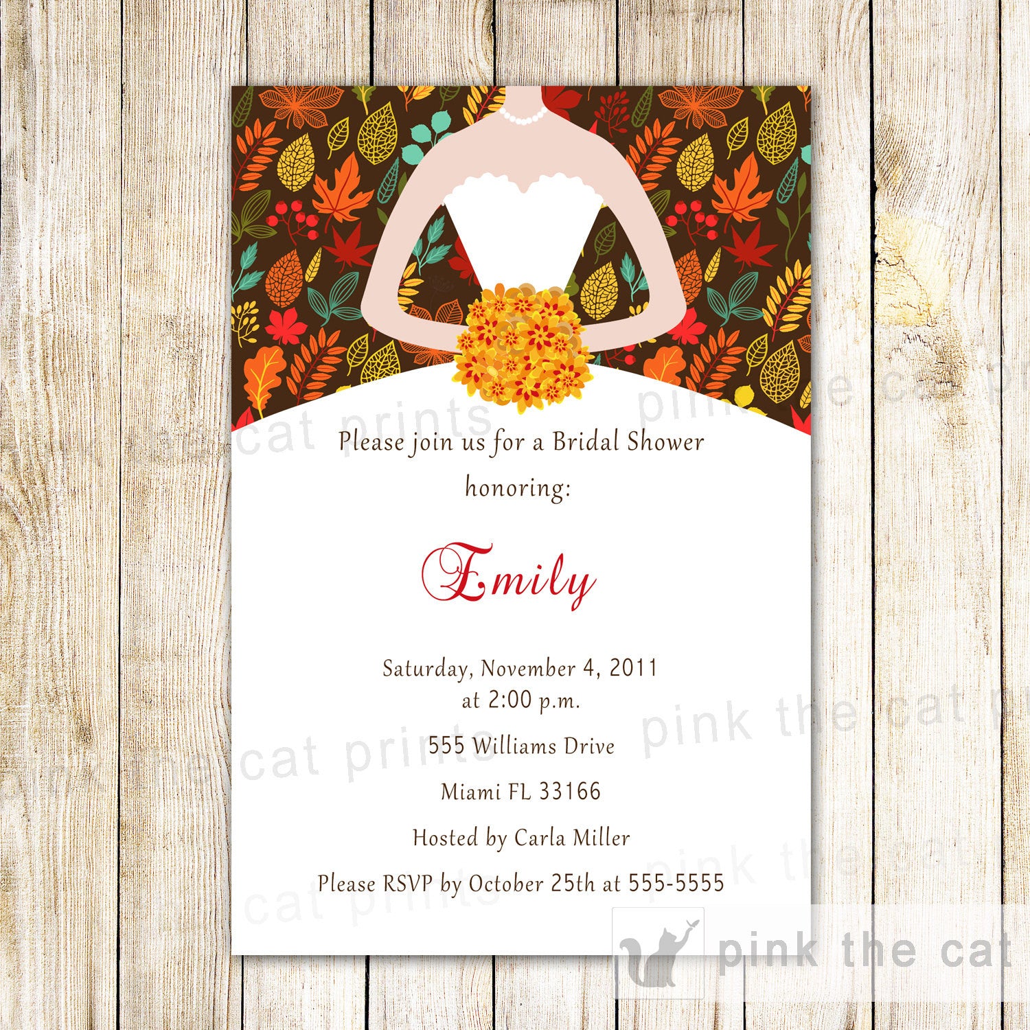 Fall Bridal Shower Invitation Autumn Leaves Dress Printable