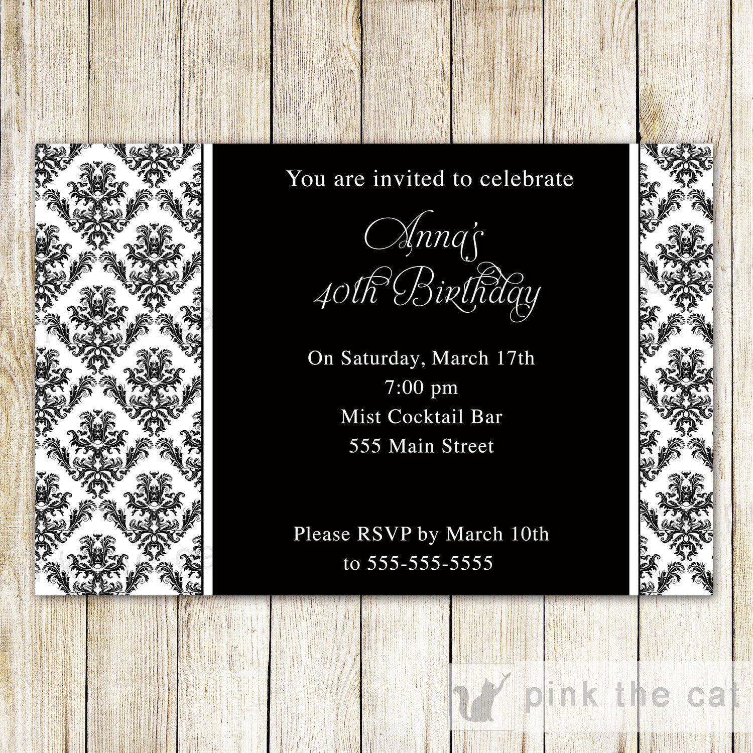 black and white damask invitation