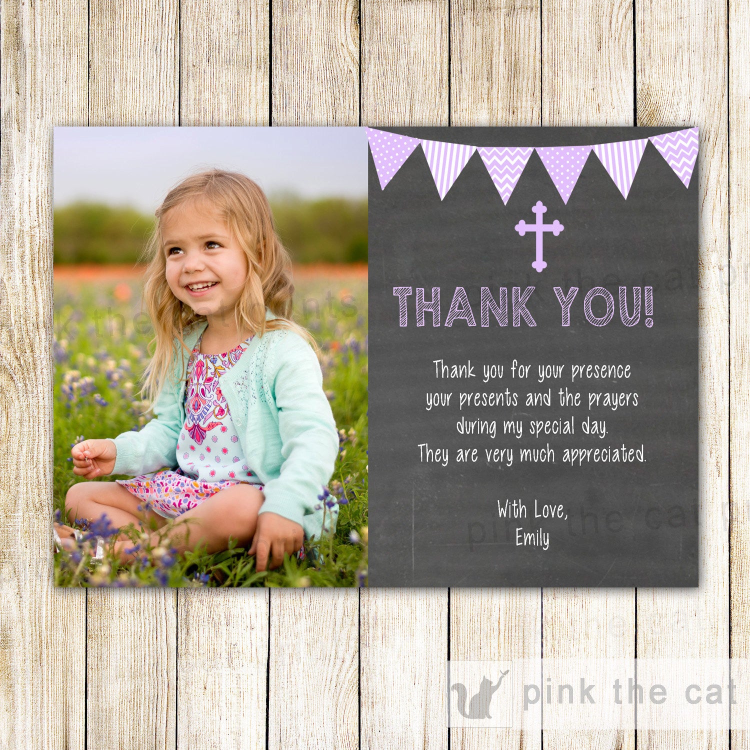 Girl Baptism Communion Thank You Card Lavender Chalkboard