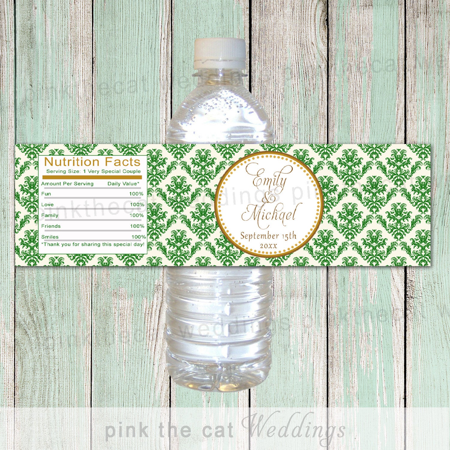 Damask Bottle Label Wedding Green Gold